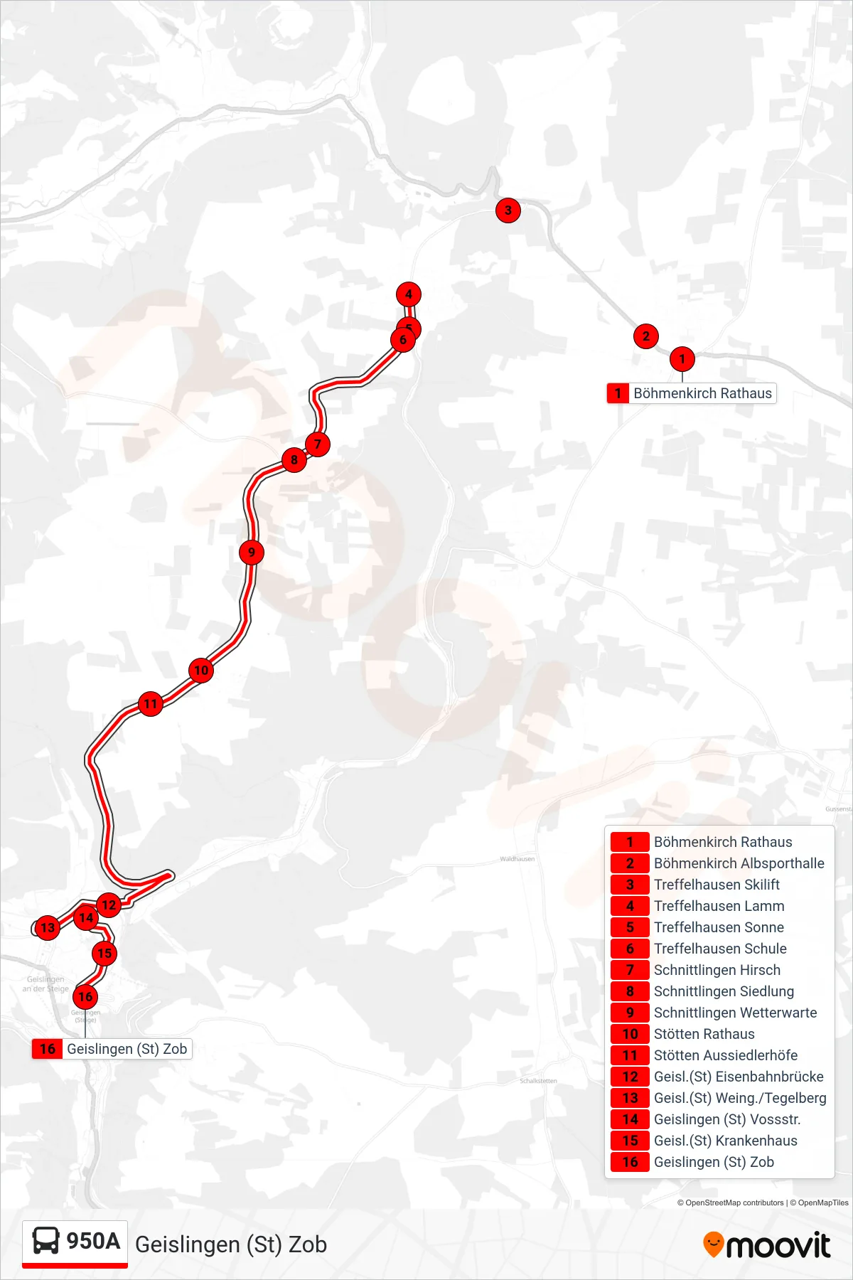 950A bus Line (Geislingen (St) Zob) route and stops on a map