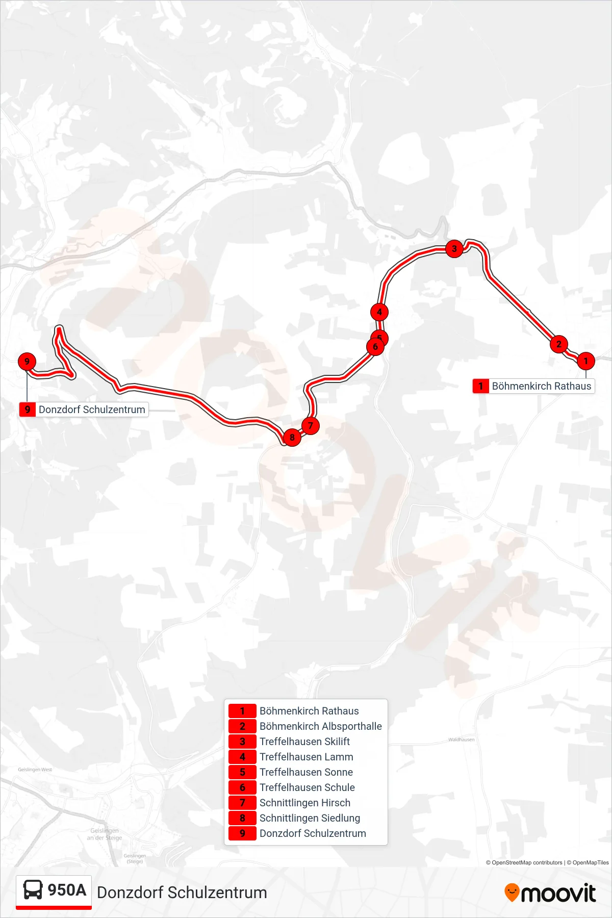 Linie 950A (Bus) Richtung Donzdorf Schulzentrum: Route und Haltestellen auf der Karte