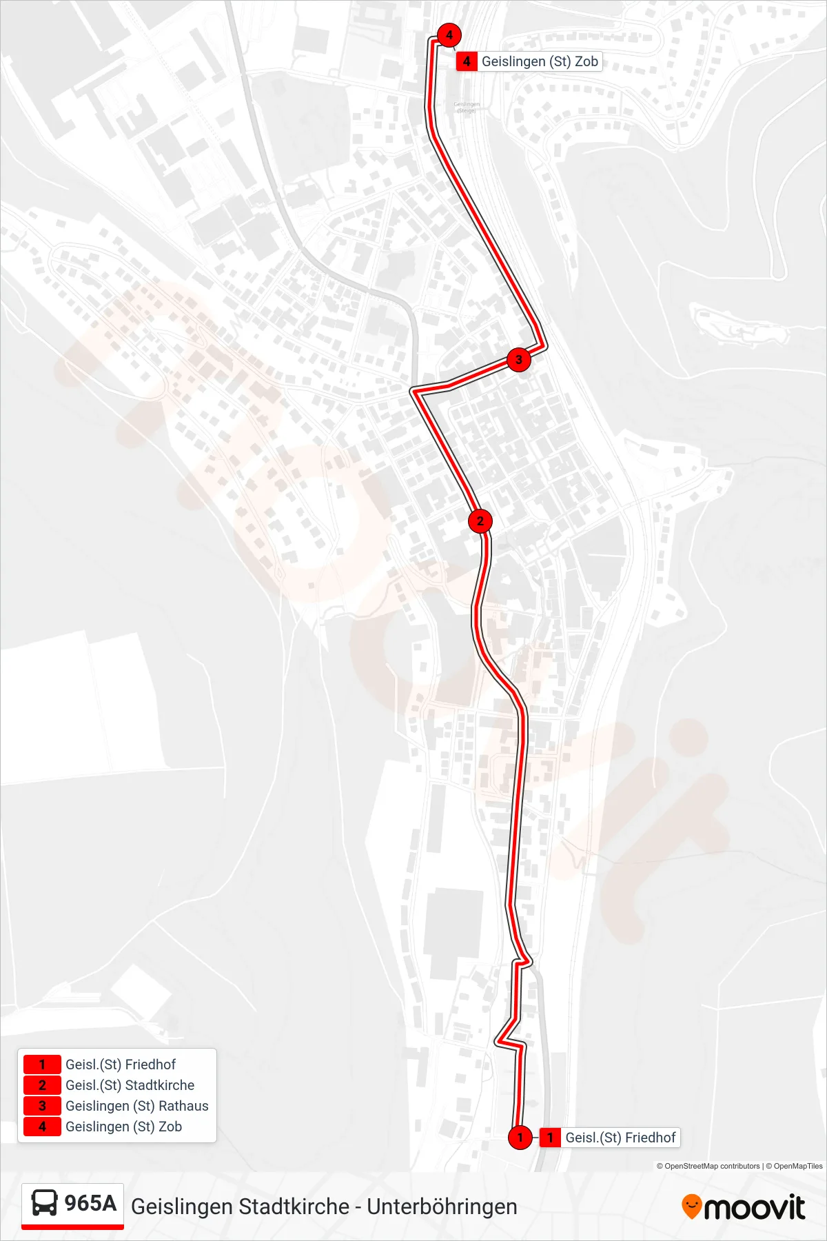 Linie 965A (Bus) Richtung Geislingen (St) Zob: Route und Haltestellen auf der Karte