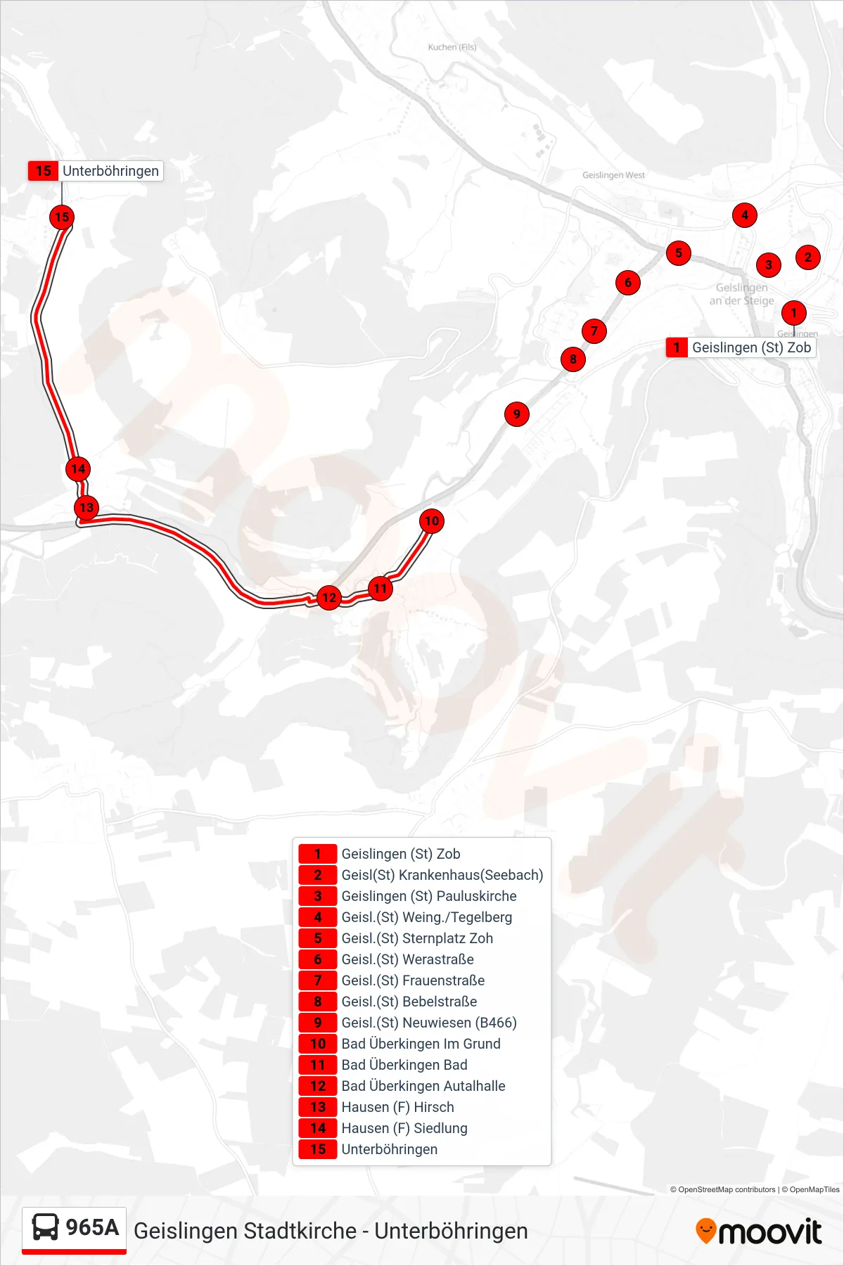 965A bus Line (Unterböhringen) route and stops on a map