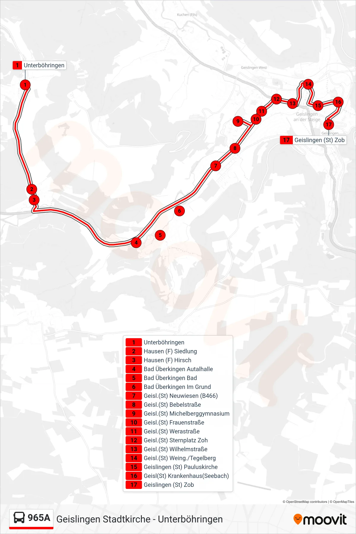 965A bus Line (Geislingen (St) Zob) route and stops on a map