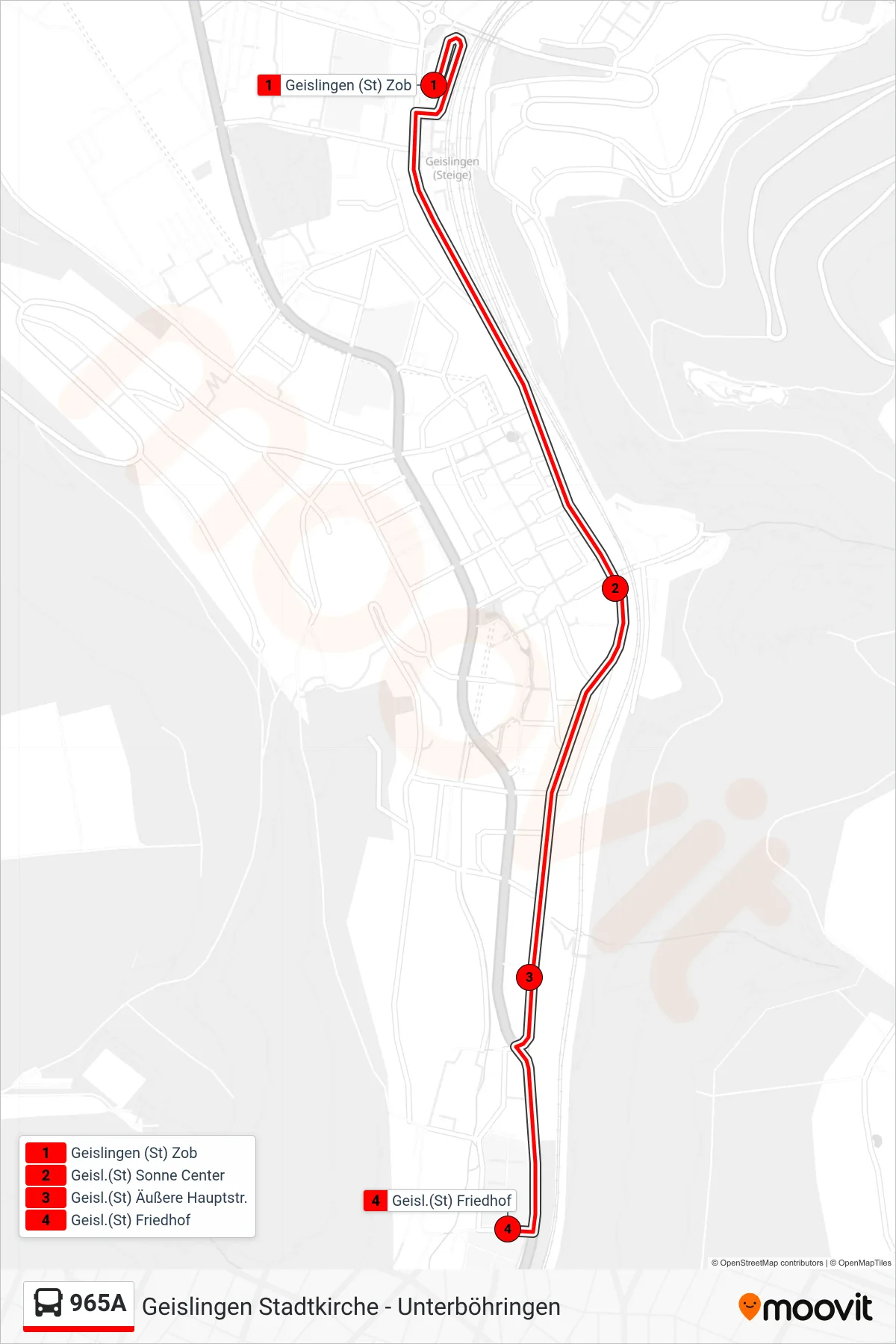 965A bus Line (Geisl.(St) Friedhof) route and stops on a map