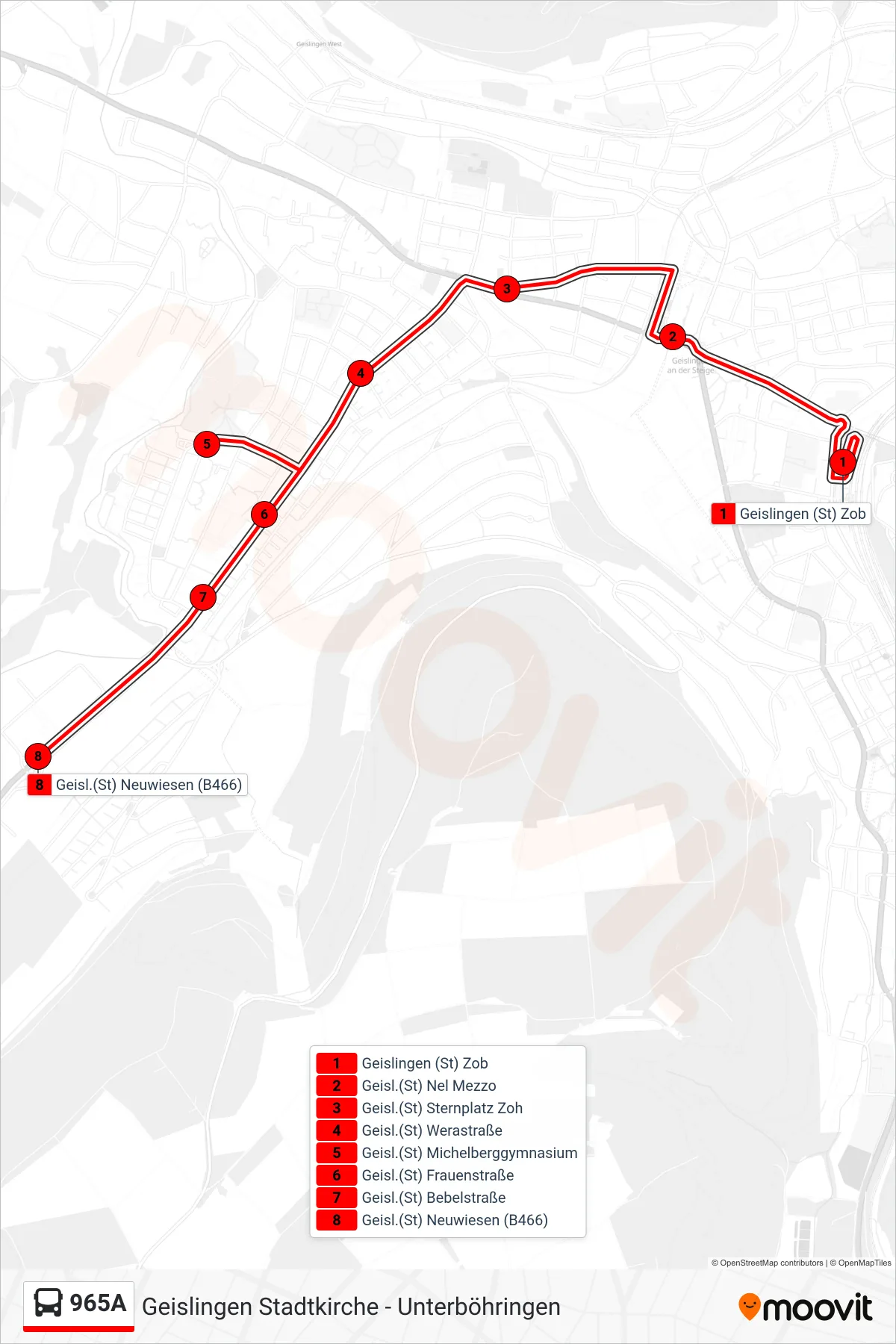 965A bus Line (Geisl.(St) Neuwiesen (B466)) route and stops on a map
