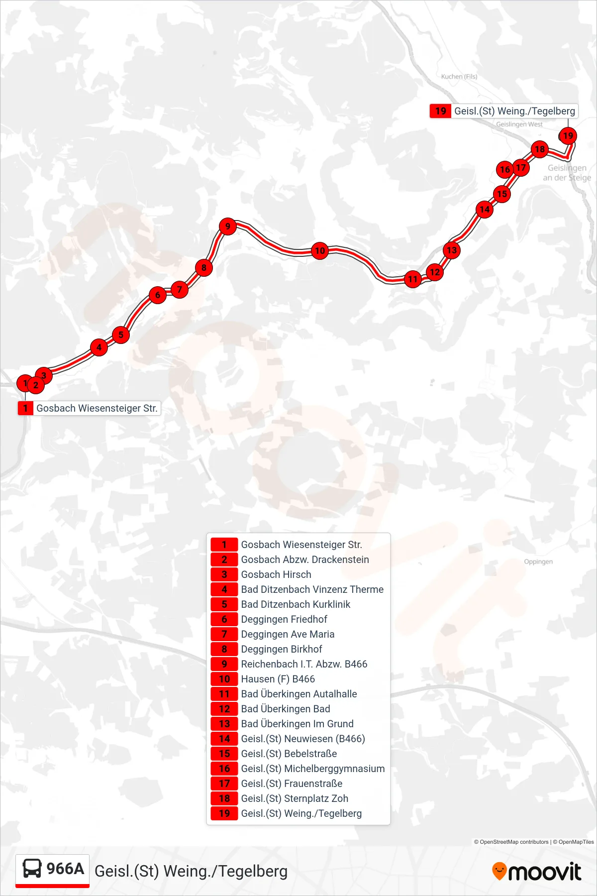 966A bus Line (Geisl.(St) Weing./Tegelberg) route and stops on a map