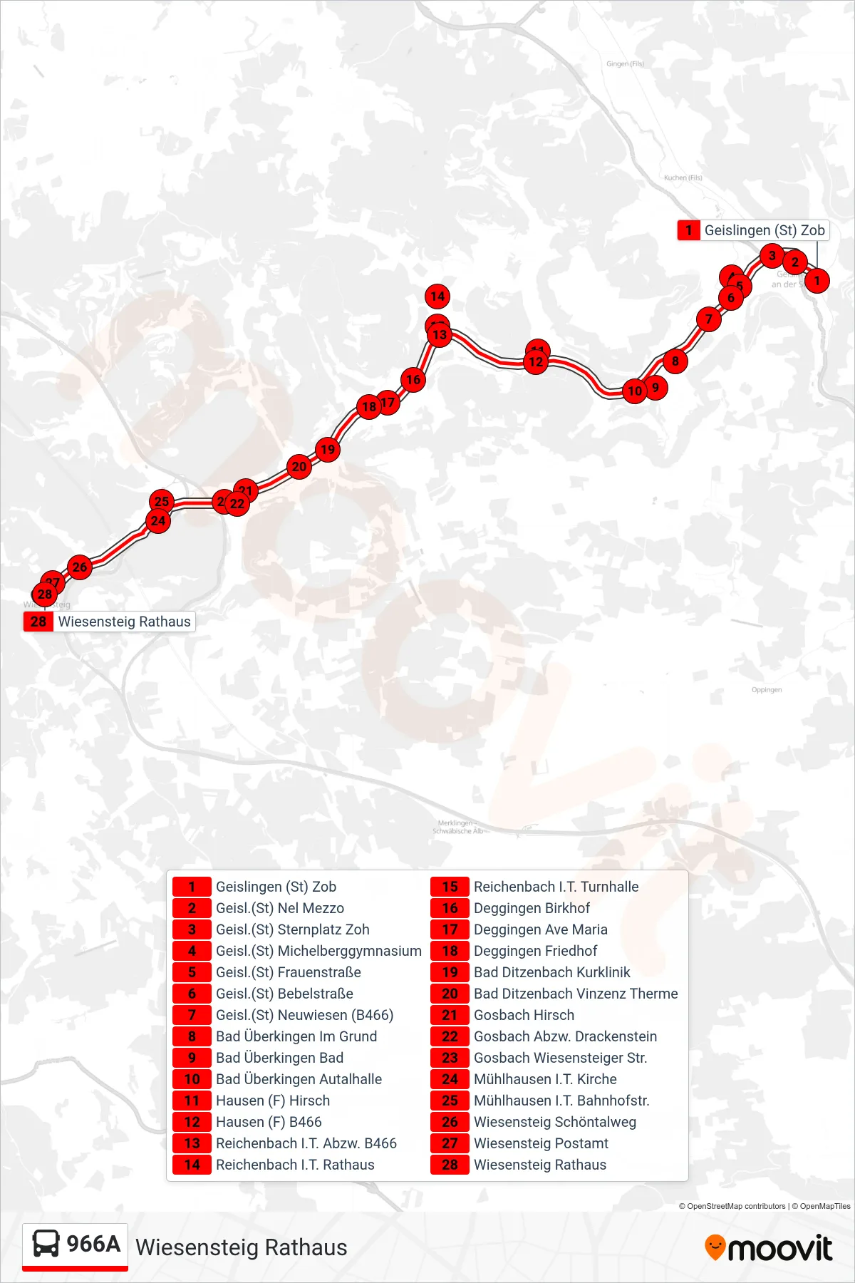 966A bus Line (Wiesensteig Rathaus) route and stops on a map