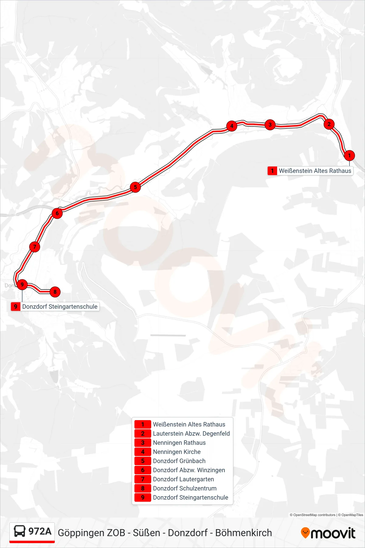 Linie 972A (Bus) Richtung Donzdorf Steingartenschule: Route und Haltestellen auf der Karte
