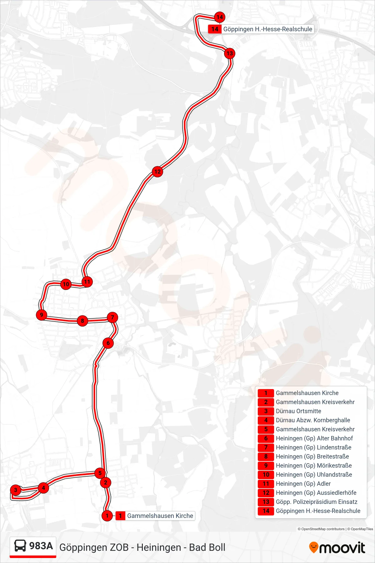 983A bus Line (Göppingen H.-Hesse-Realschule) route and stops on a map