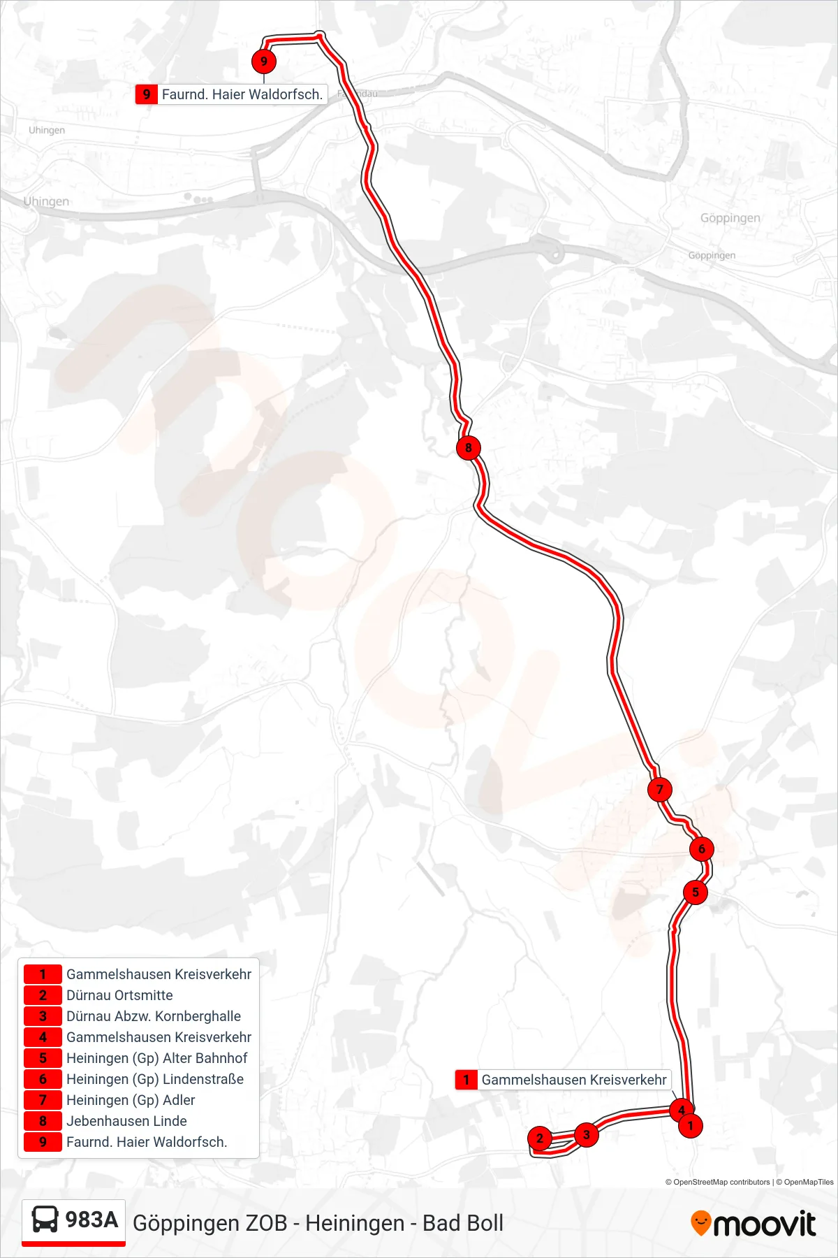 983A bus Line (Faurnd. Haier Waldorfsch.) route and stops on a map