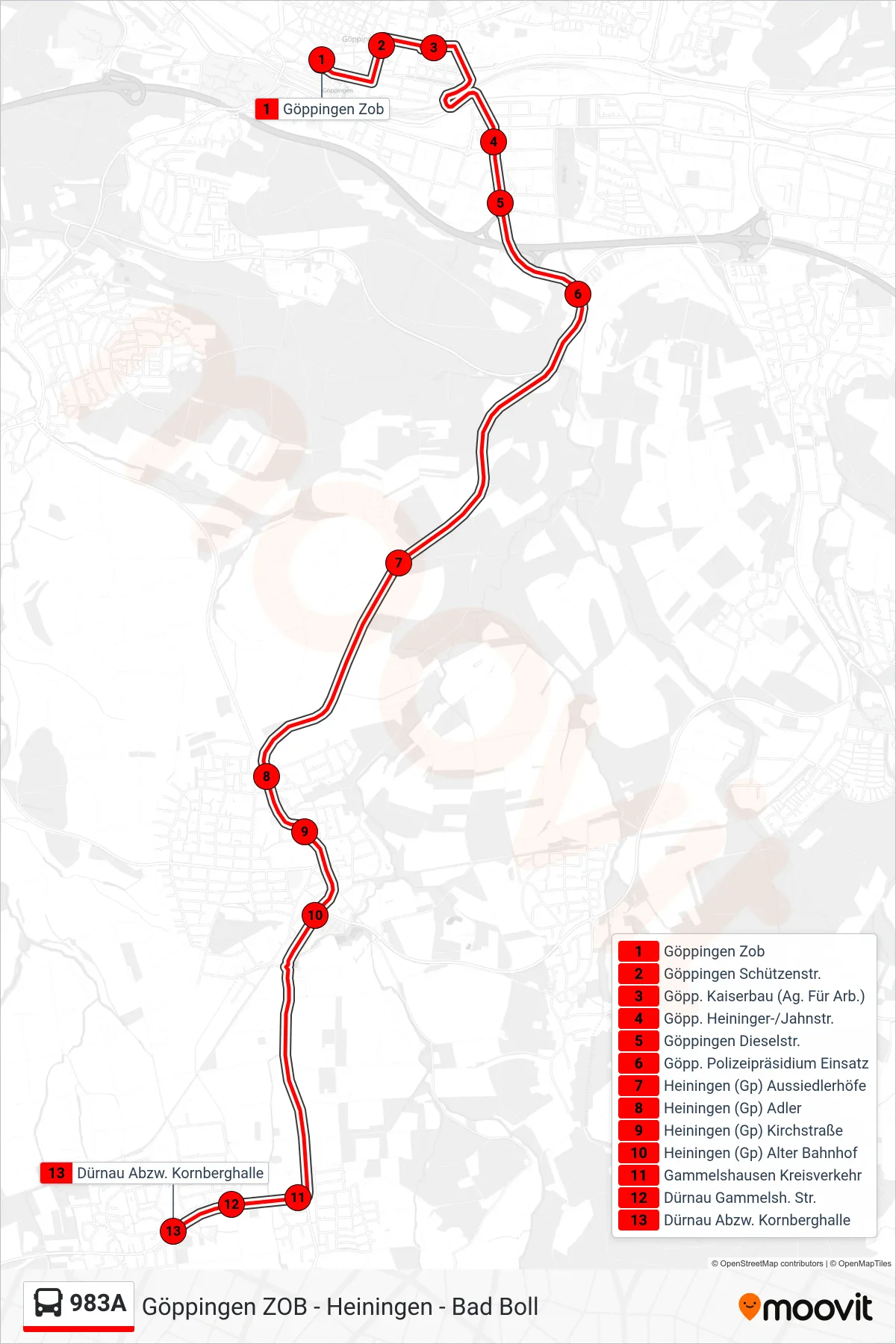983A bus Line (Dürnau Abzw. Kornberghalle) route and stops on a map