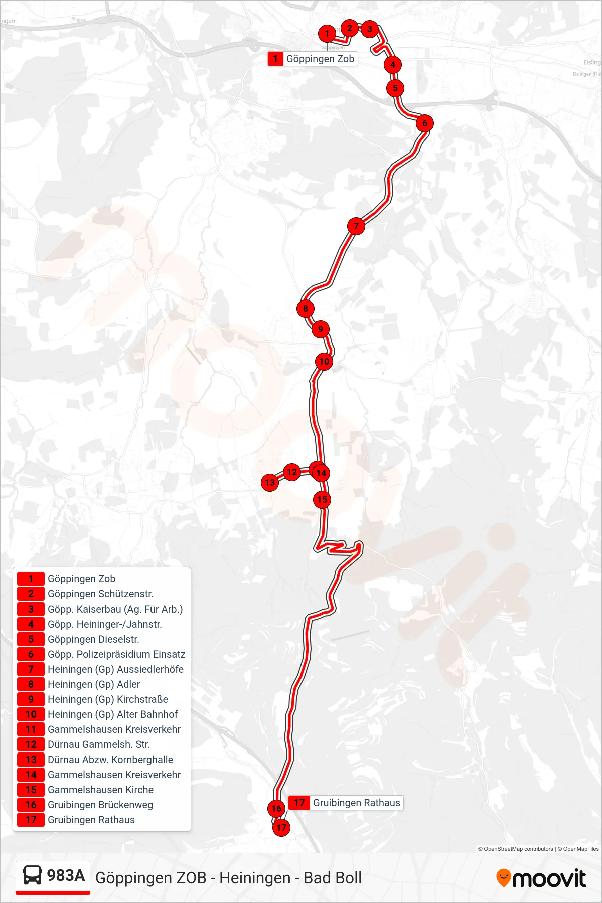 983A bus Line (Gruibingen Rathaus) route and stops on a map