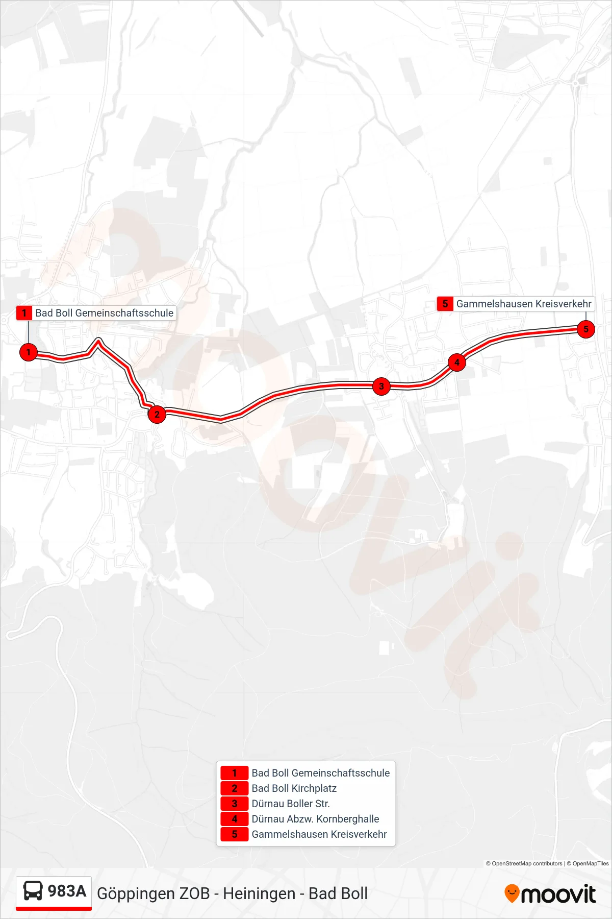 983A bus Line (Gammelshausen Kreisverkehr) route and stops on a map