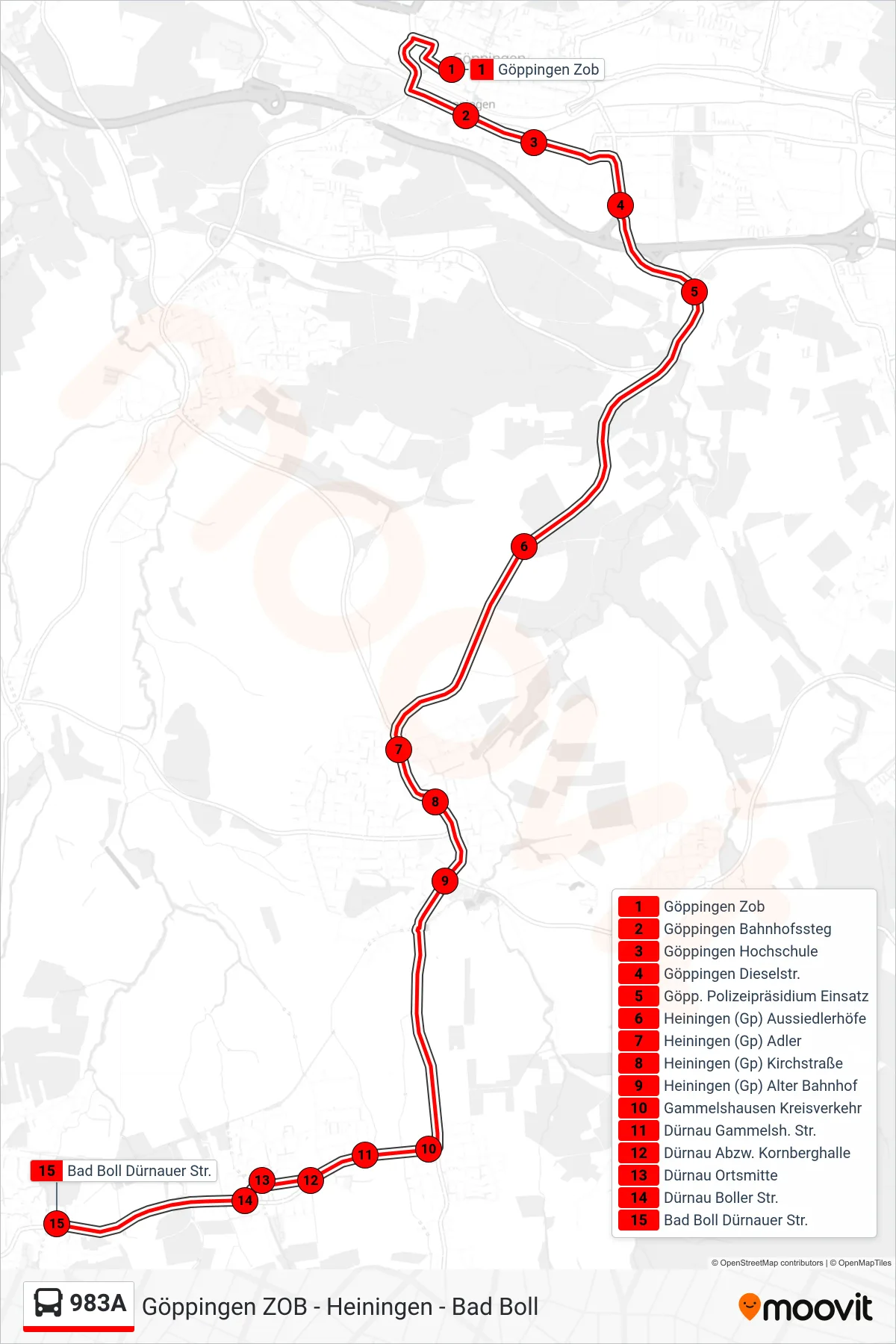 983A bus Line (Bad Boll Dürnauer Str.) route and stops on a map