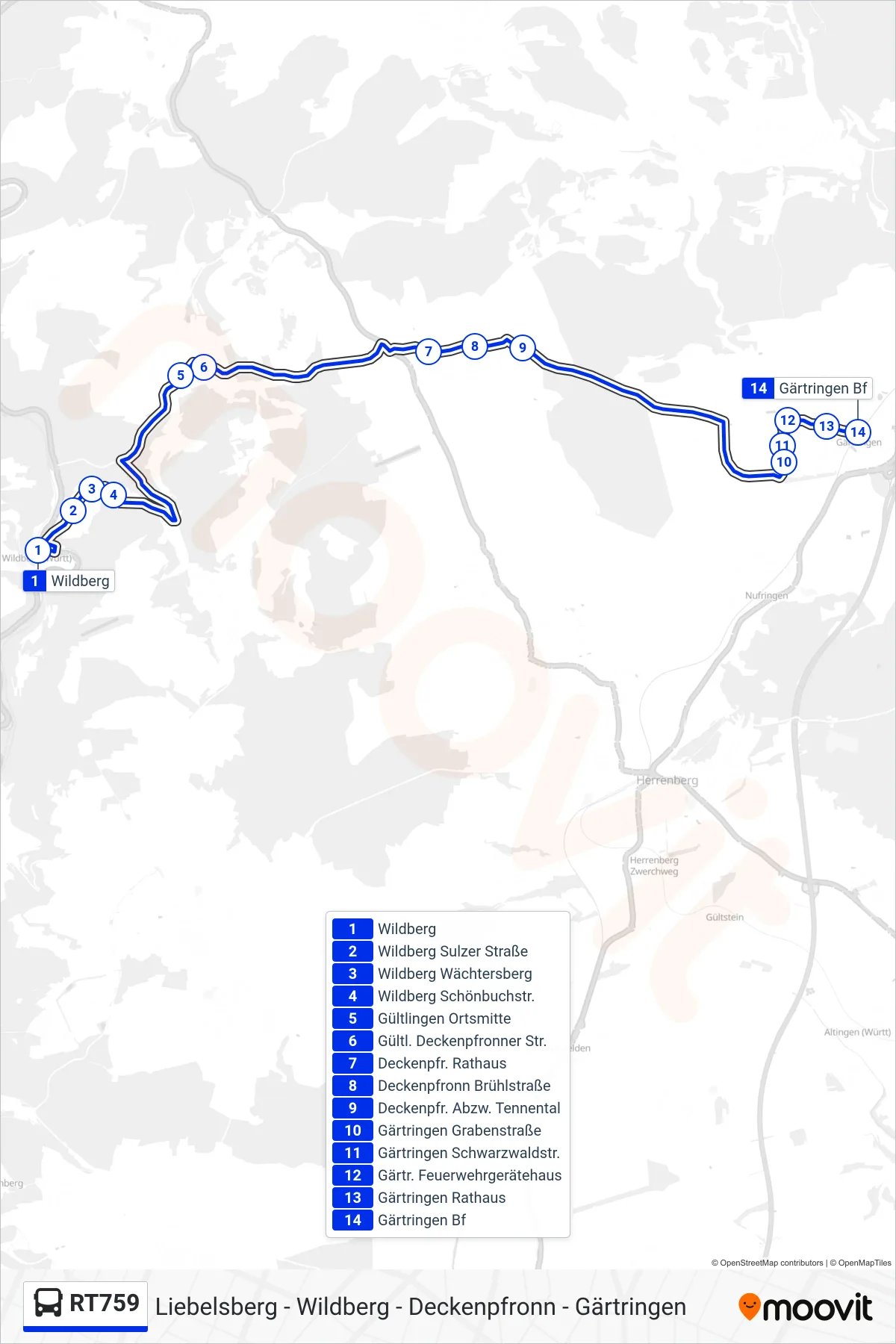 Linie RT759 (Bus) Richtung Gärtringen Bf: Route und Haltestellen auf der Karte