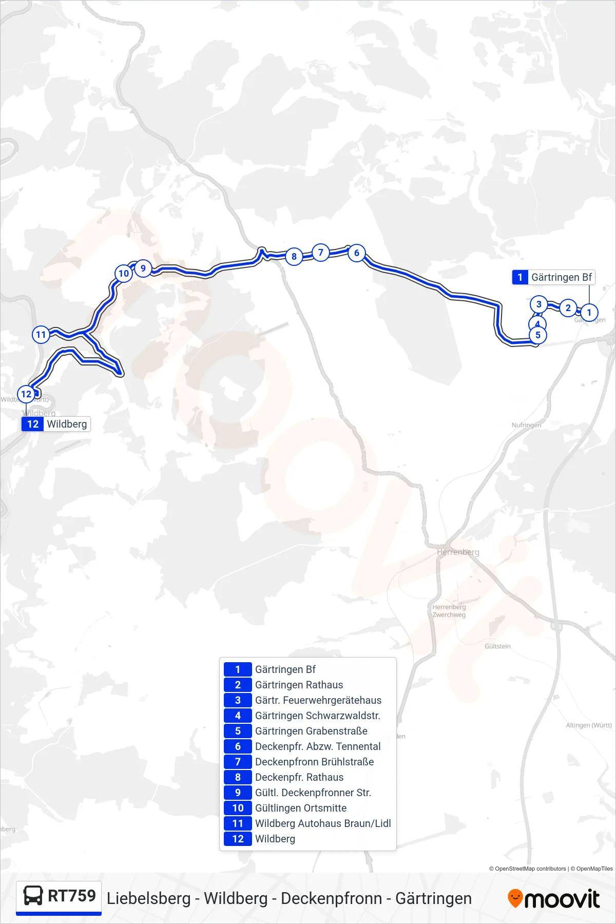 RT759 bus Line (Wildberg) route and stops on a map