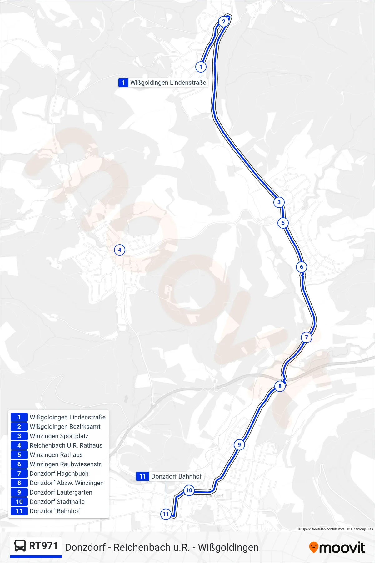 Linie RT971 (Bus) Richtung Donzdorf Bahnhof: Route und Haltestellen auf der Karte
