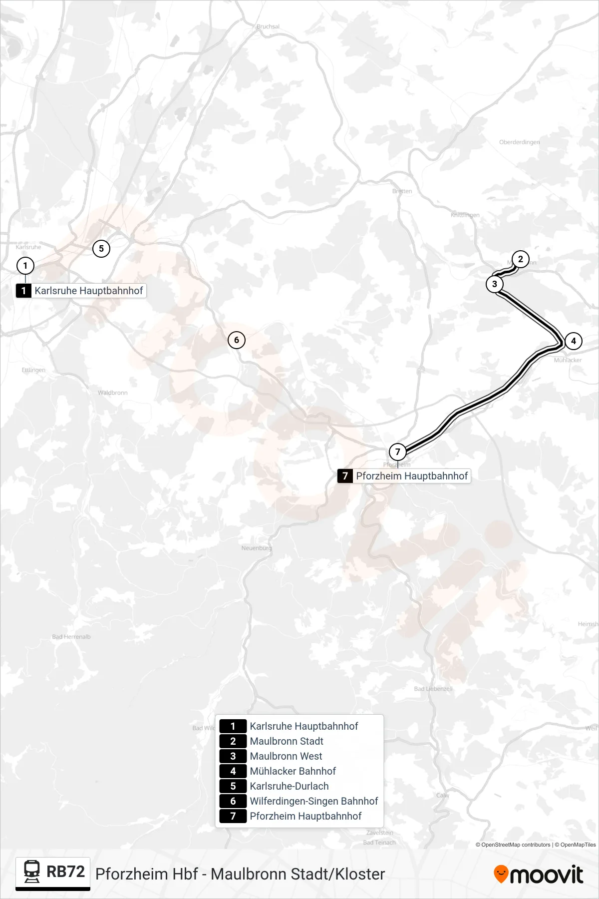Linie RB72 (Bahn) Richtung Pforzheim Hbf: Route und Haltestellen auf der Karte