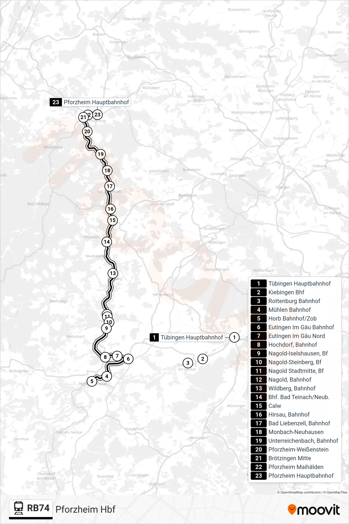 RB74 train Line (Pforzheim Hbf) route and stops on a map