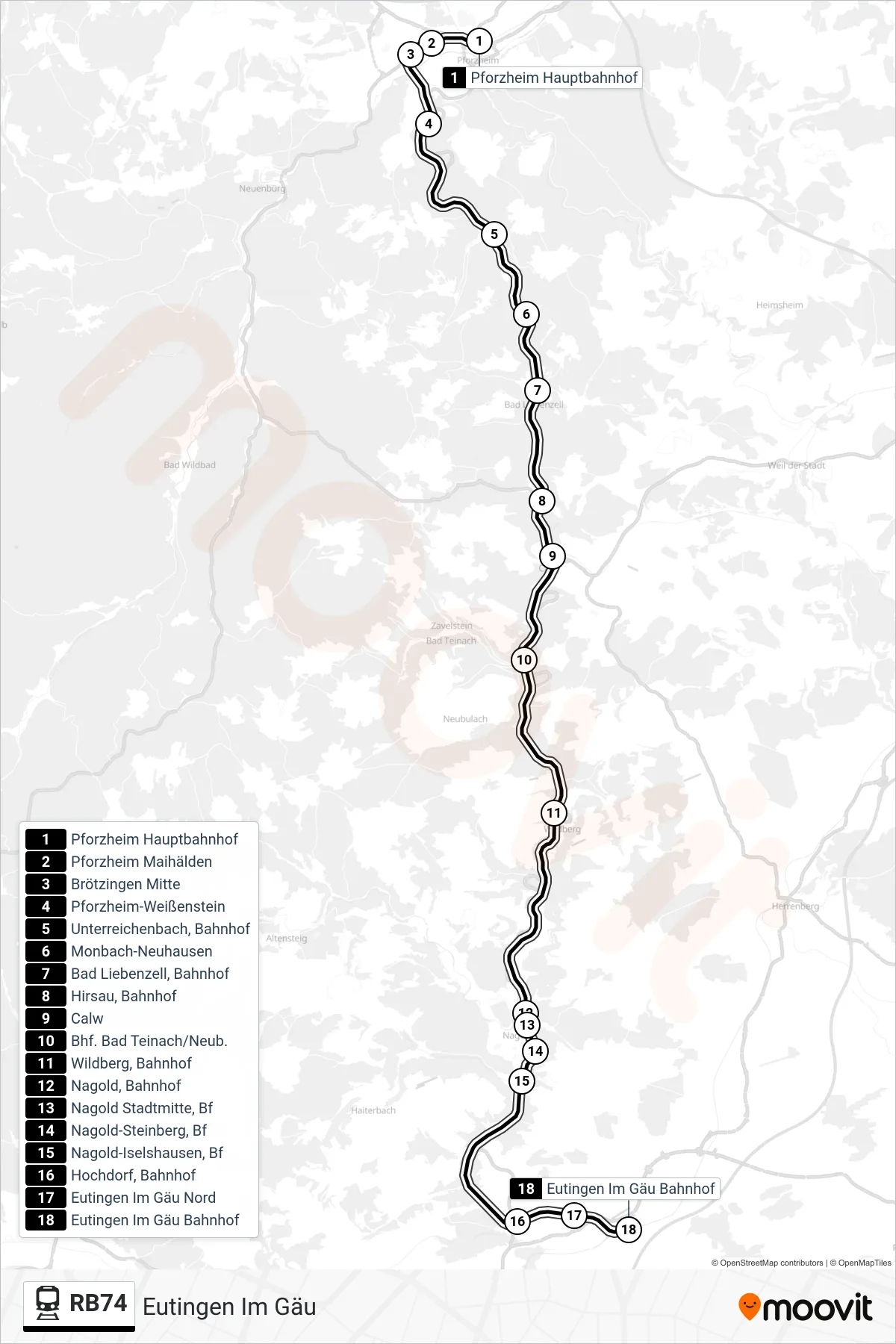 RB74 train Line (Eutingen Im Gäu) route and stops on a map