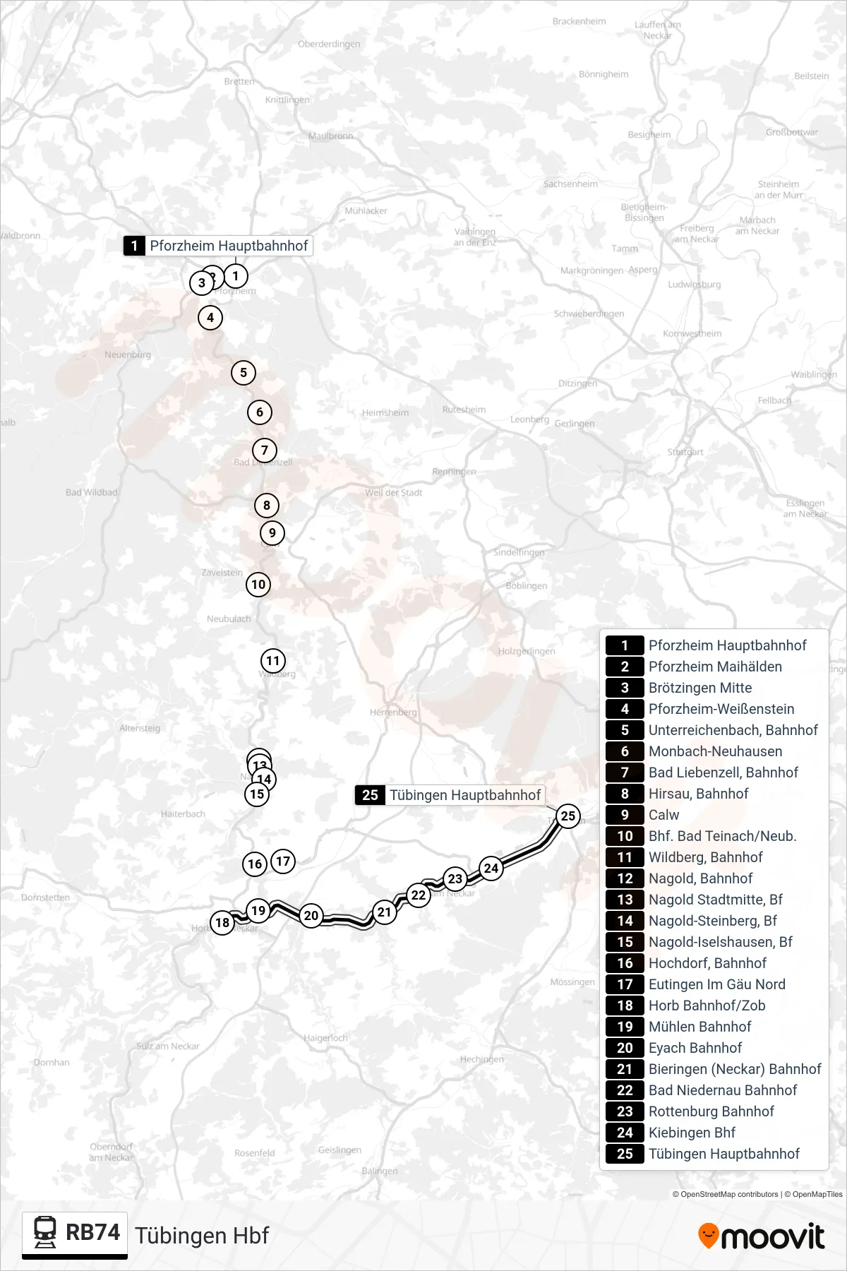 RB74 train Line (Tübingen Hbf) route and stops on a map