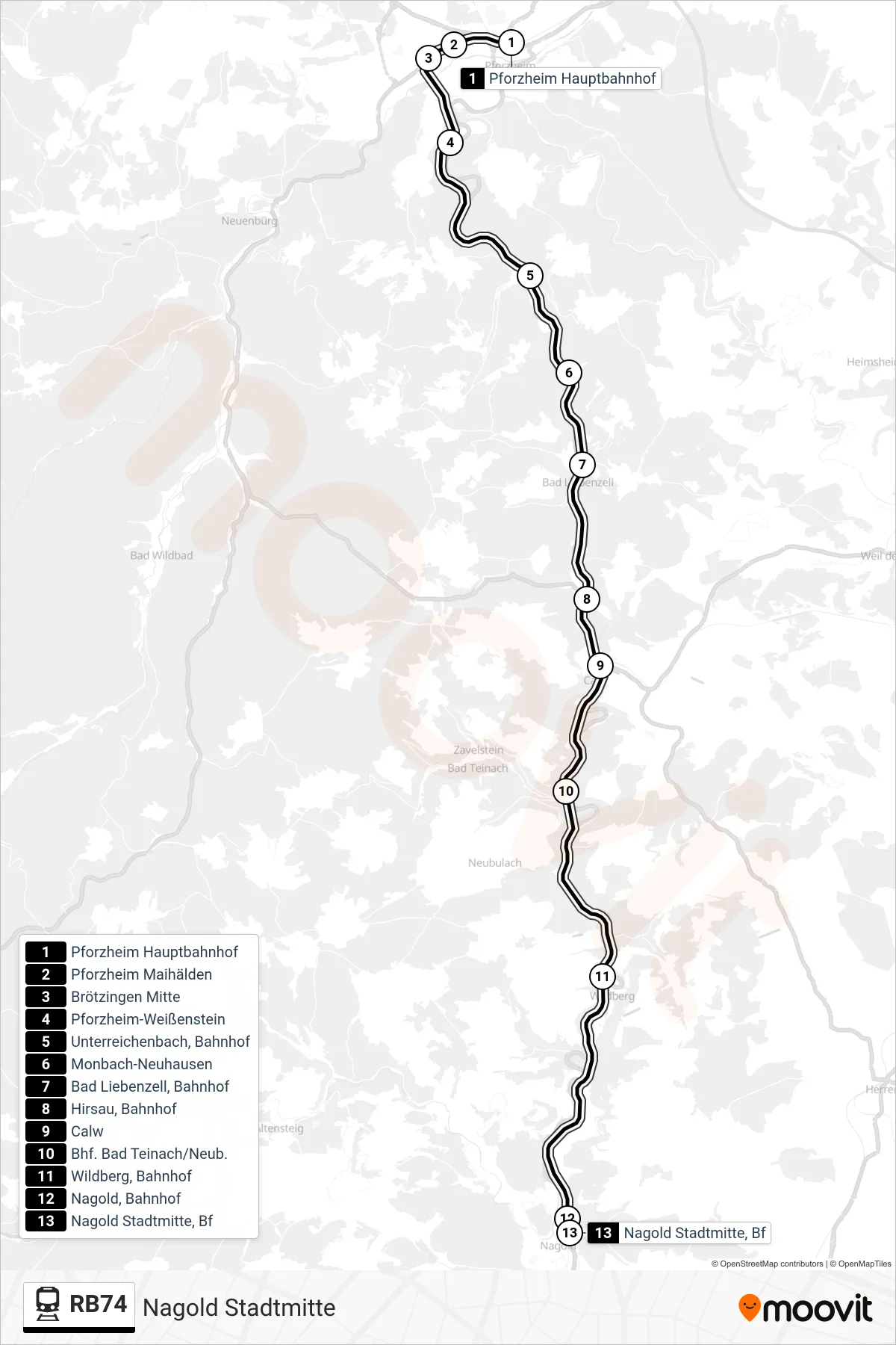 RB74 train Line (Nagold Stadtmitte) route and stops on a map