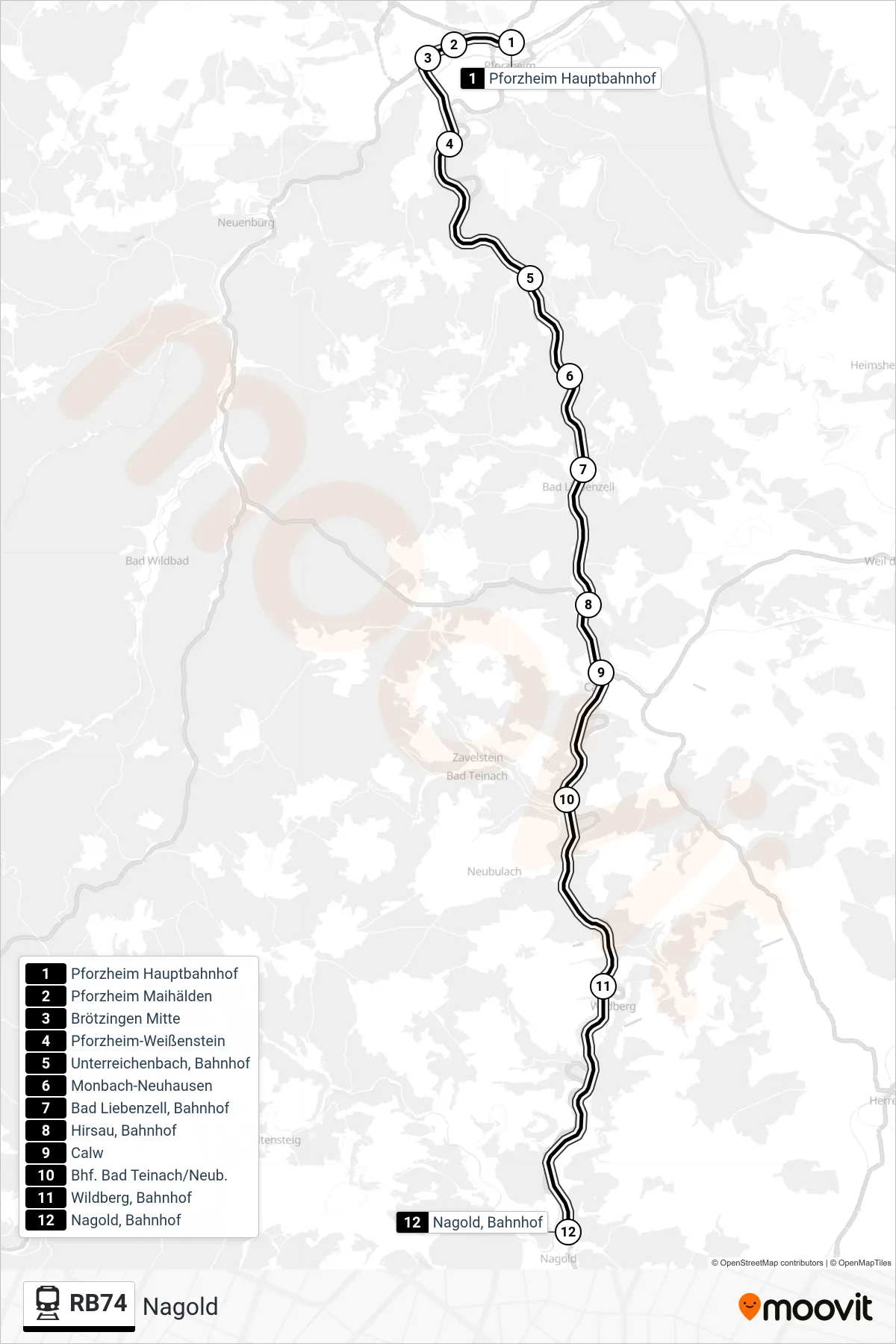 RB74 train Line (Nagold) route and stops on a map