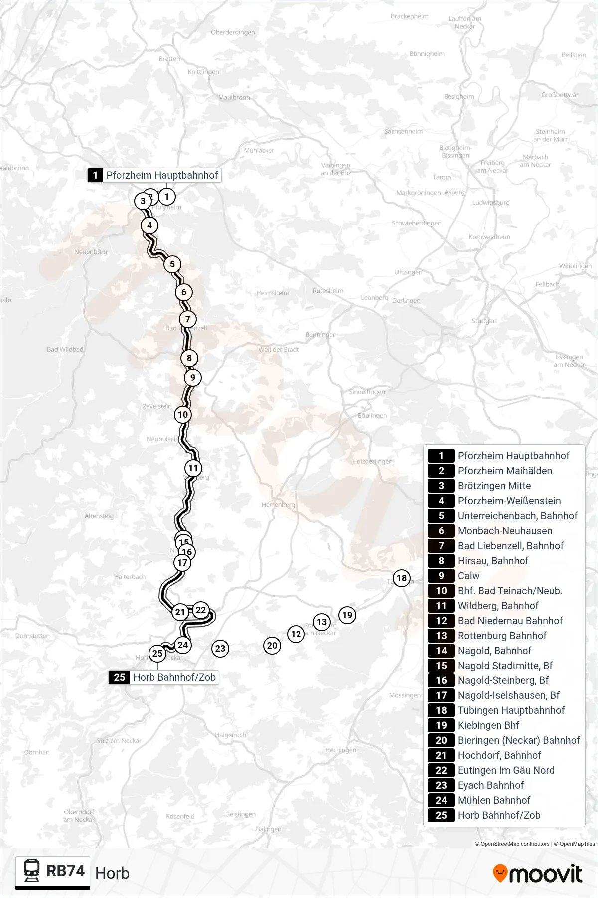 Linie RB74 (Bahn) Richtung Horb: Route und Haltestellen auf der Karte