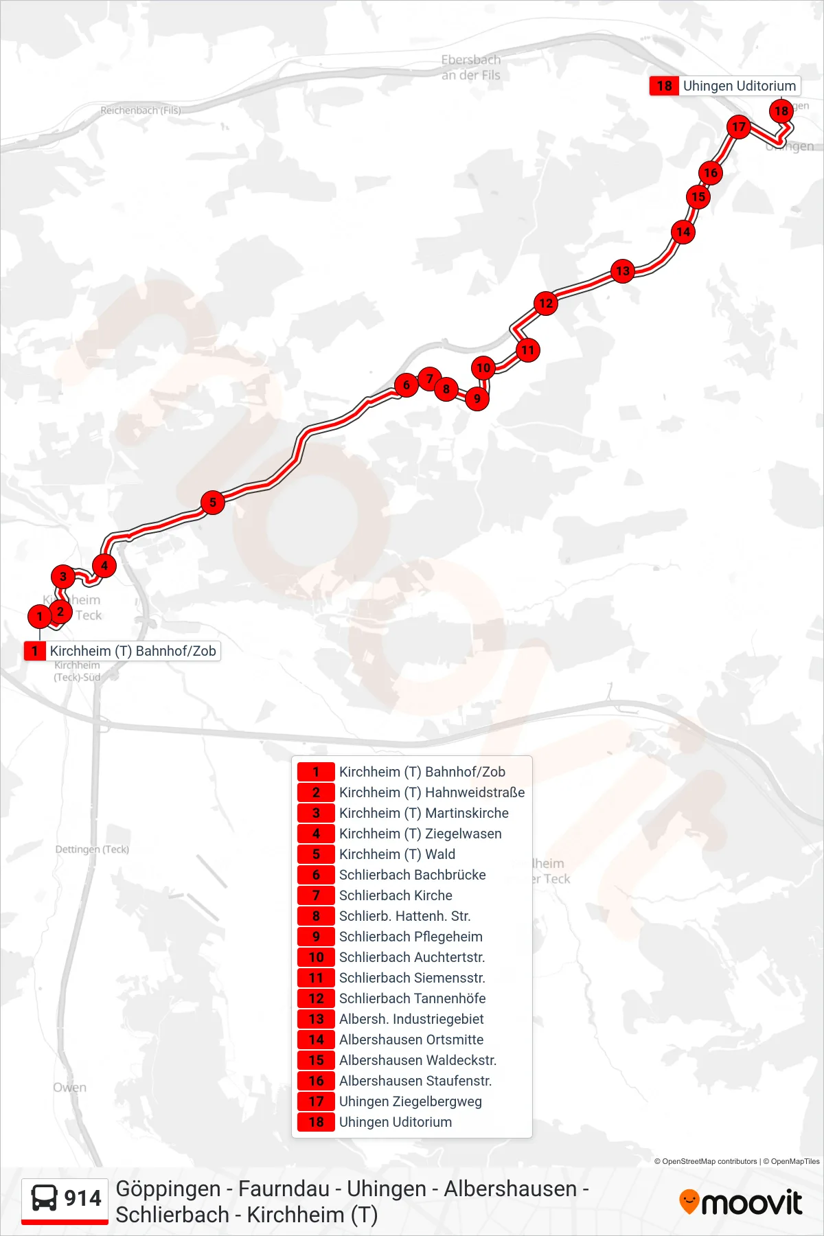 Linie 914 (Bus) Richtung Uhingen Uditorium: Route und Haltestellen auf der Karte