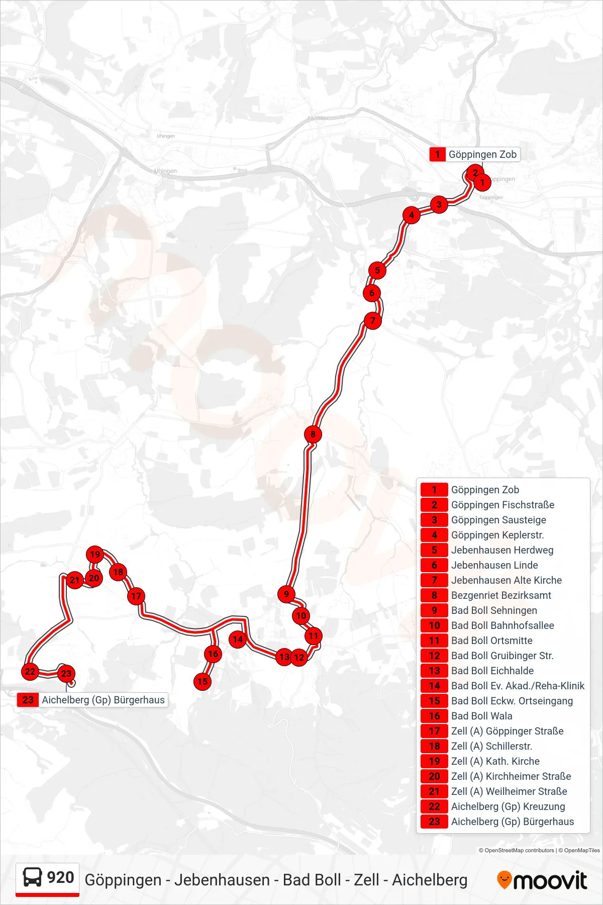 Linie 920 (Bus) Richtung Aichelberg (Gp) Bürgerhaus: Route und Haltestellen auf der Karte