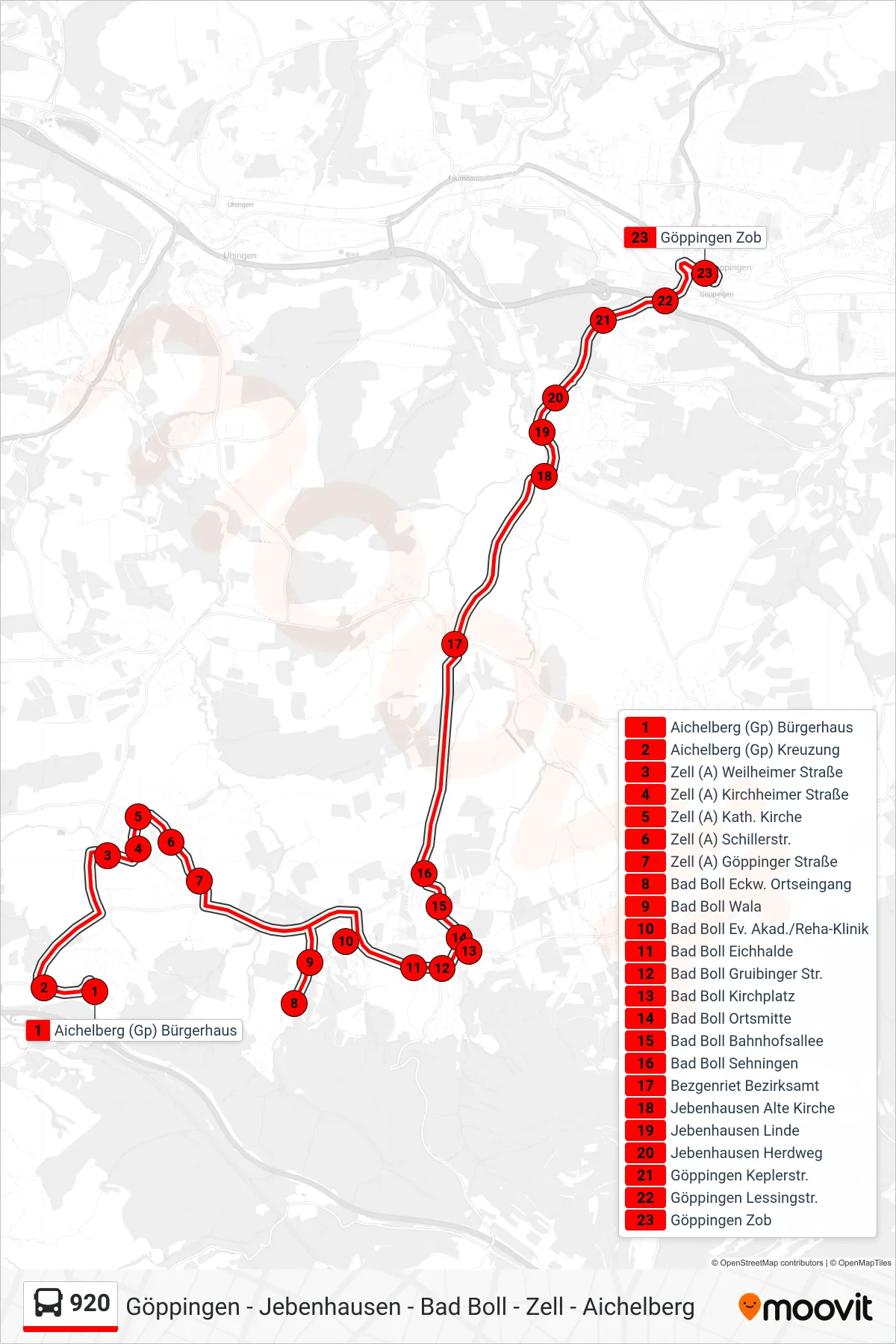 920 bus Line (Göppingen Zob) route and stops on a map