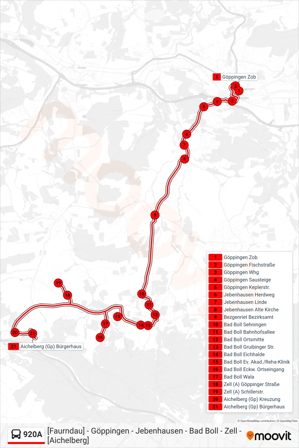 920A bus Line (Aichelberg (Gp) Bürgerhaus) route and stops on a map