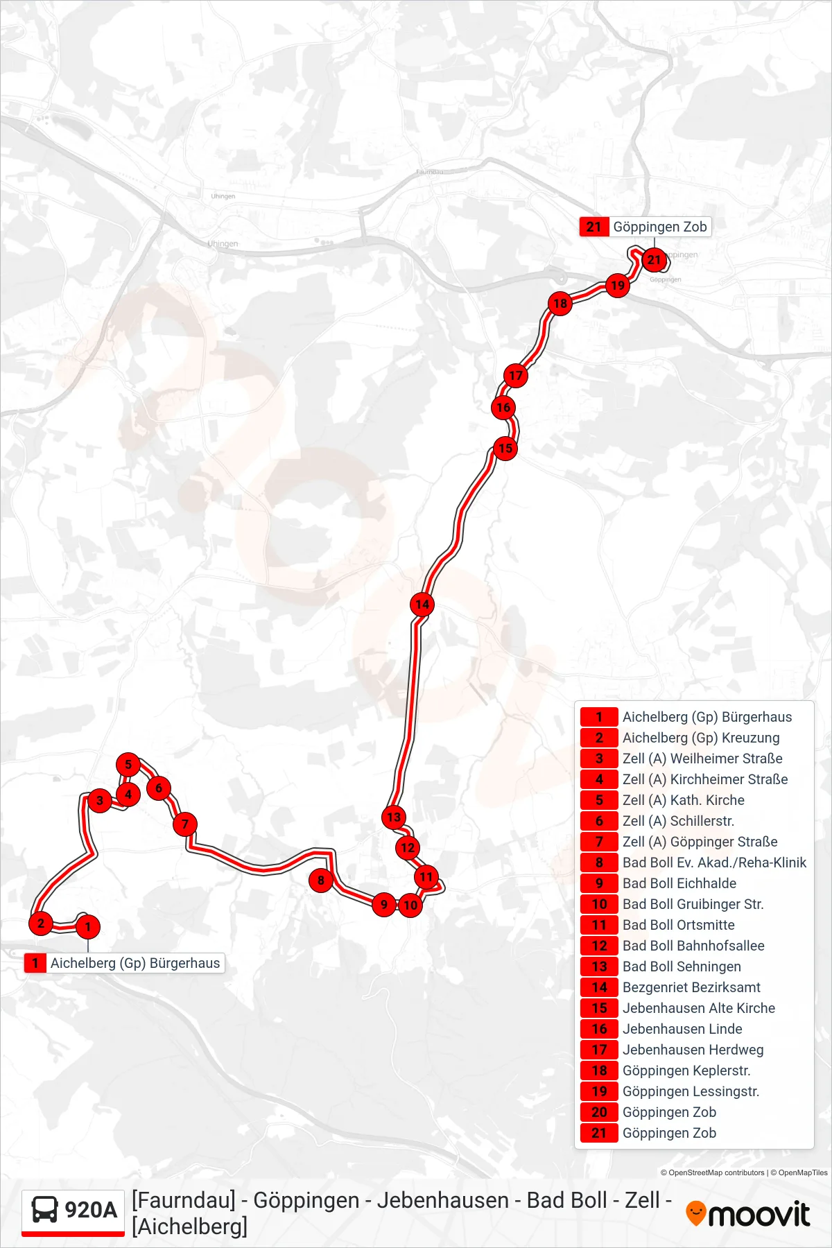 Linie 920A (Bus) Richtung Göppingen Zob: Route und Haltestellen auf der Karte