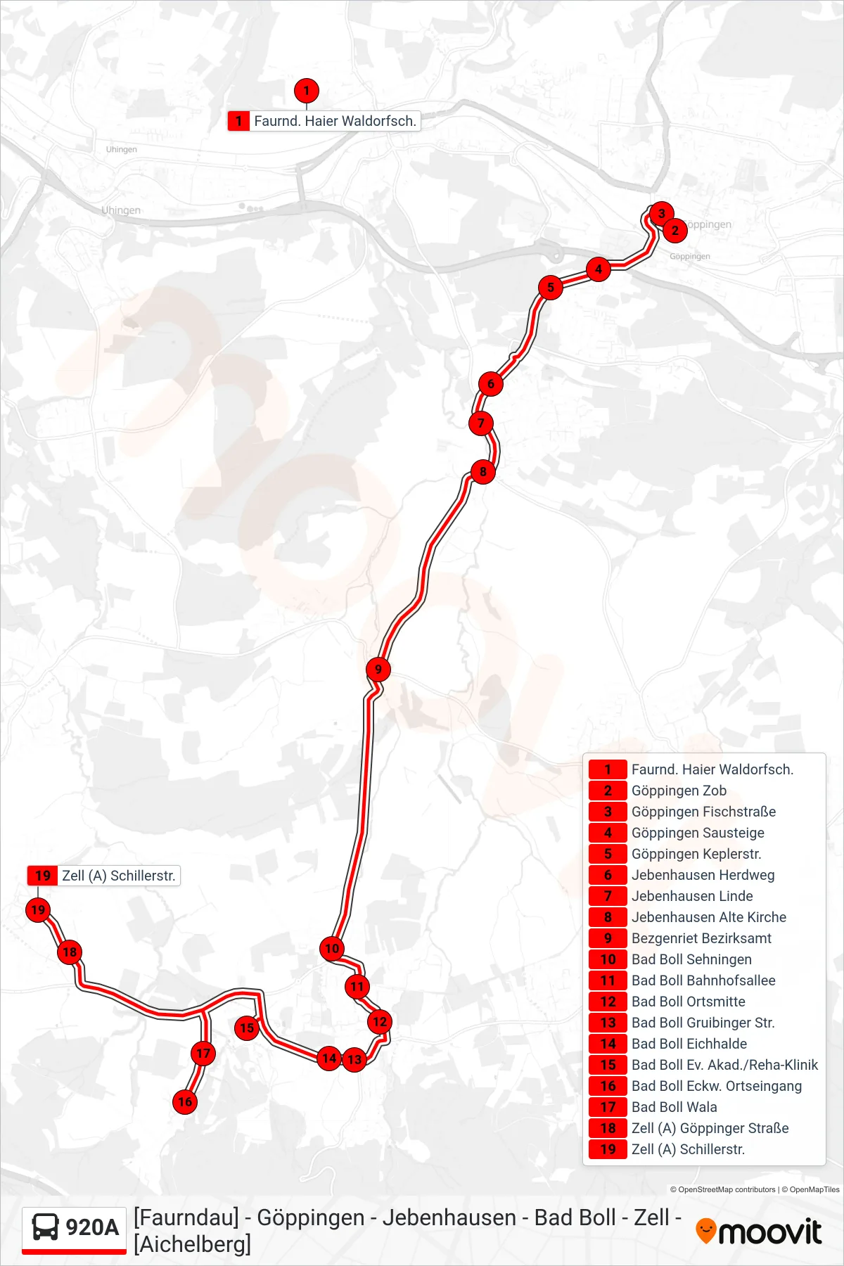 920A bus Line (Zell (A) Schillerstr.) route and stops on a map