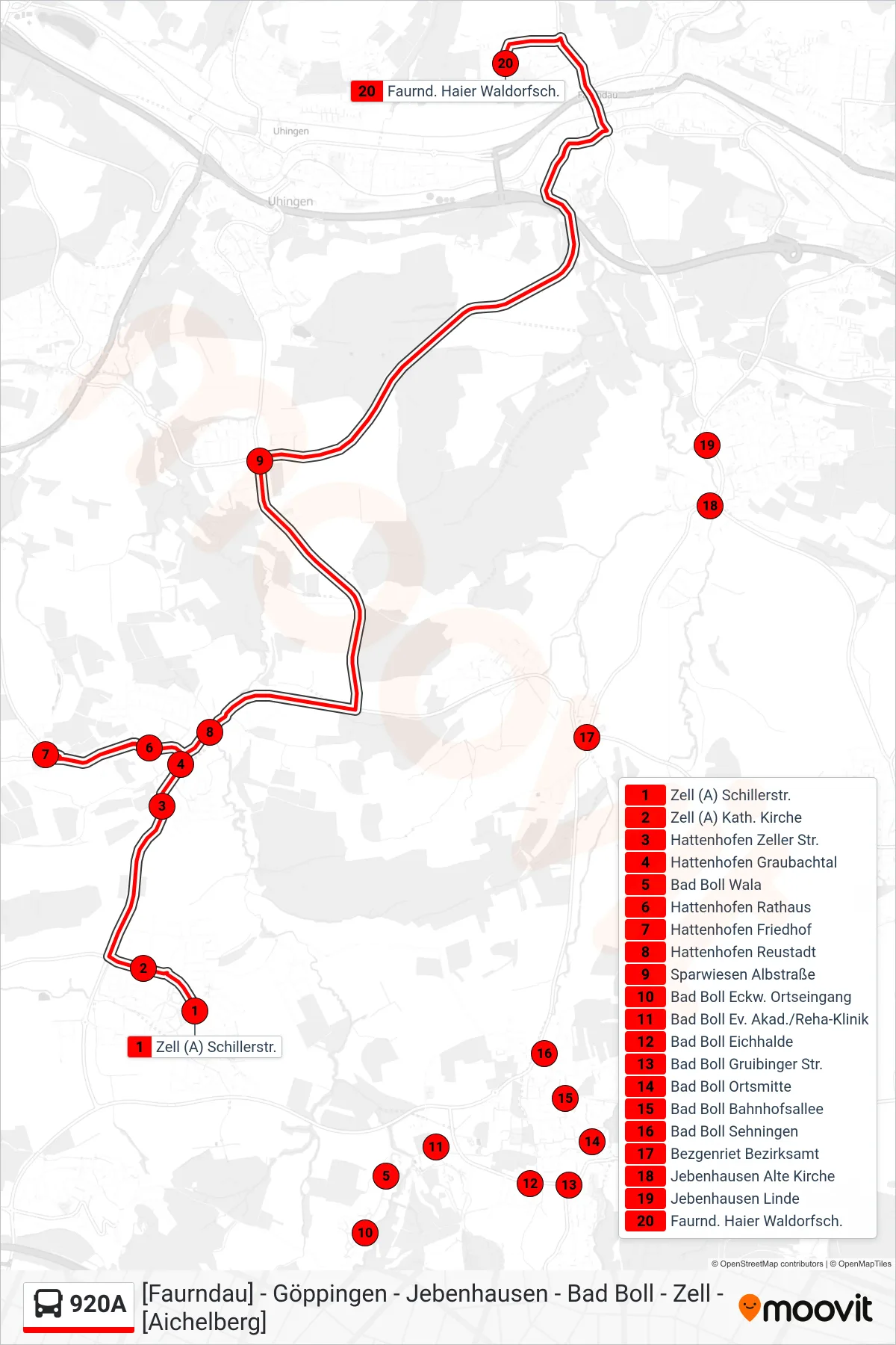 920A bus Line (Faurnd. Haier Waldorfsch.) route and stops on a map
