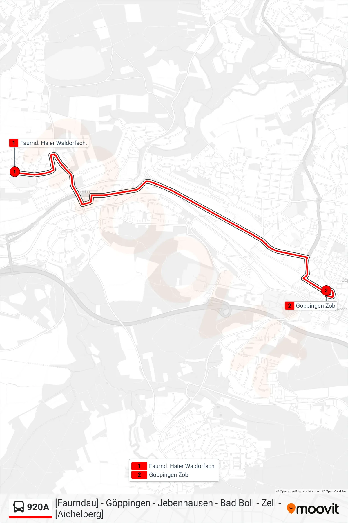 920A bus Line (Göppingen Zob) route and stops on a map
