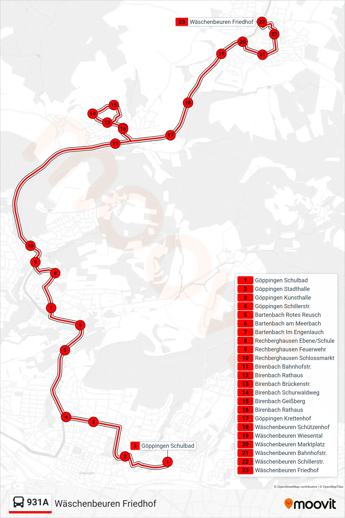 Linie 931A (Bus) Richtung Wäschenbeuren Friedhof: Route und Haltestellen auf der Karte
