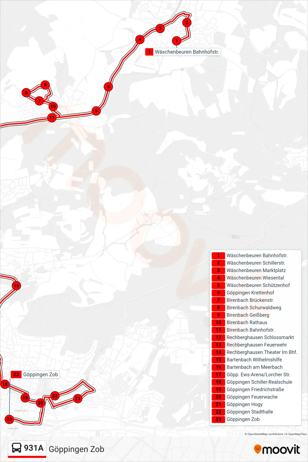 931A bus Line (Göppingen Zob) route and stops on a map