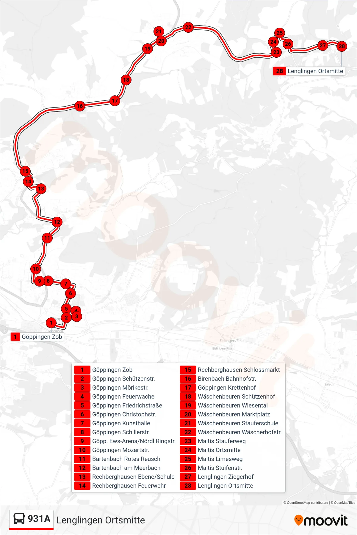 931A bus Line (Lenglingen Ortsmitte) route and stops on a map