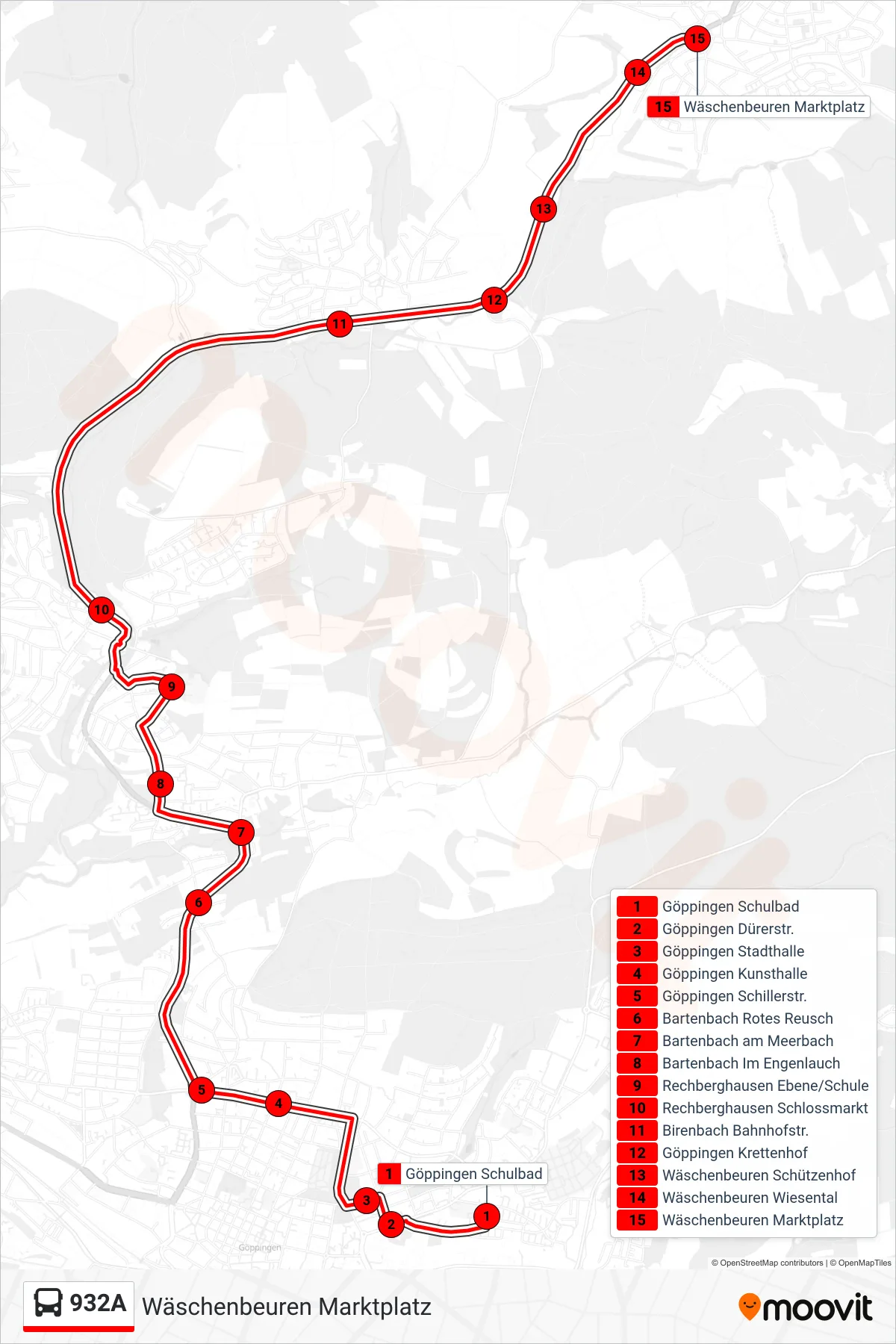 Linie 932A (Bus) Richtung Wäschenbeuren Marktplatz: Route und Haltestellen auf der Karte