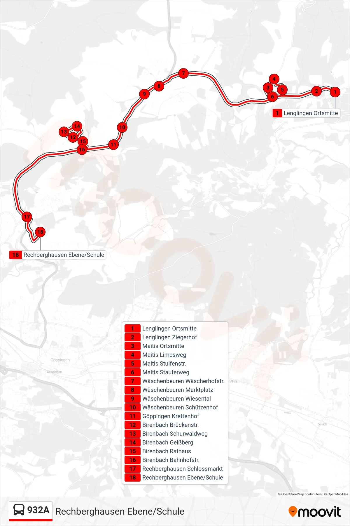 932A bus Line (Rechberghausen Ebene/Schule) route and stops on a map