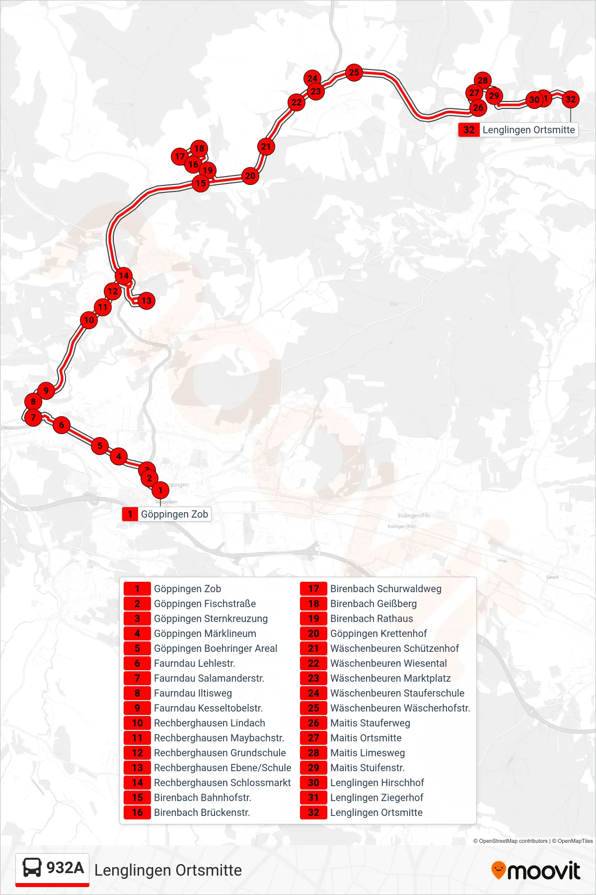 932A bus Line (Lenglingen Ortsmitte) route and stops on a map