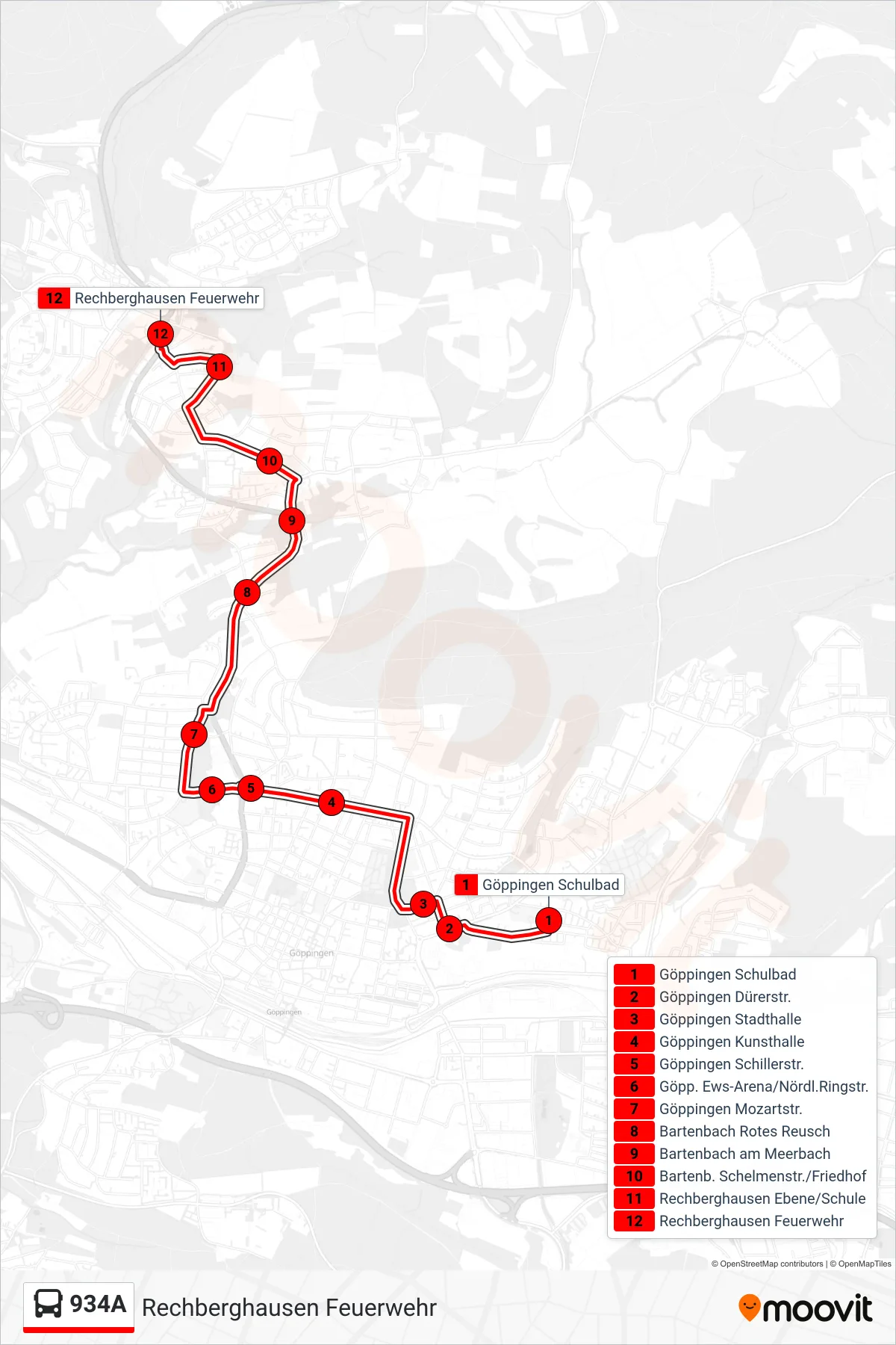 Linie 934A (Bus) Richtung Rechberghausen Feuerwehr: Route und Haltestellen auf der Karte
