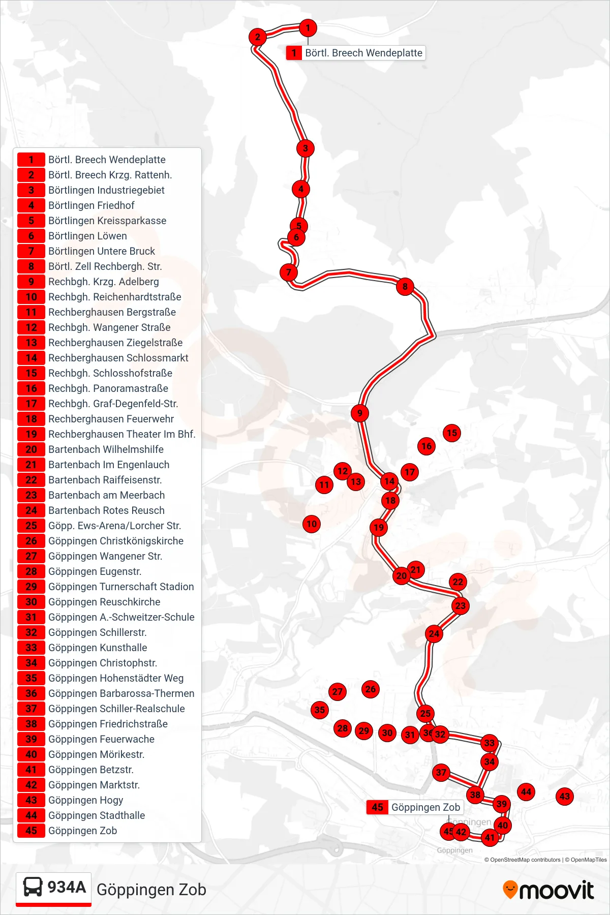 934A bus Line (Göppingen Zob) route and stops on a map