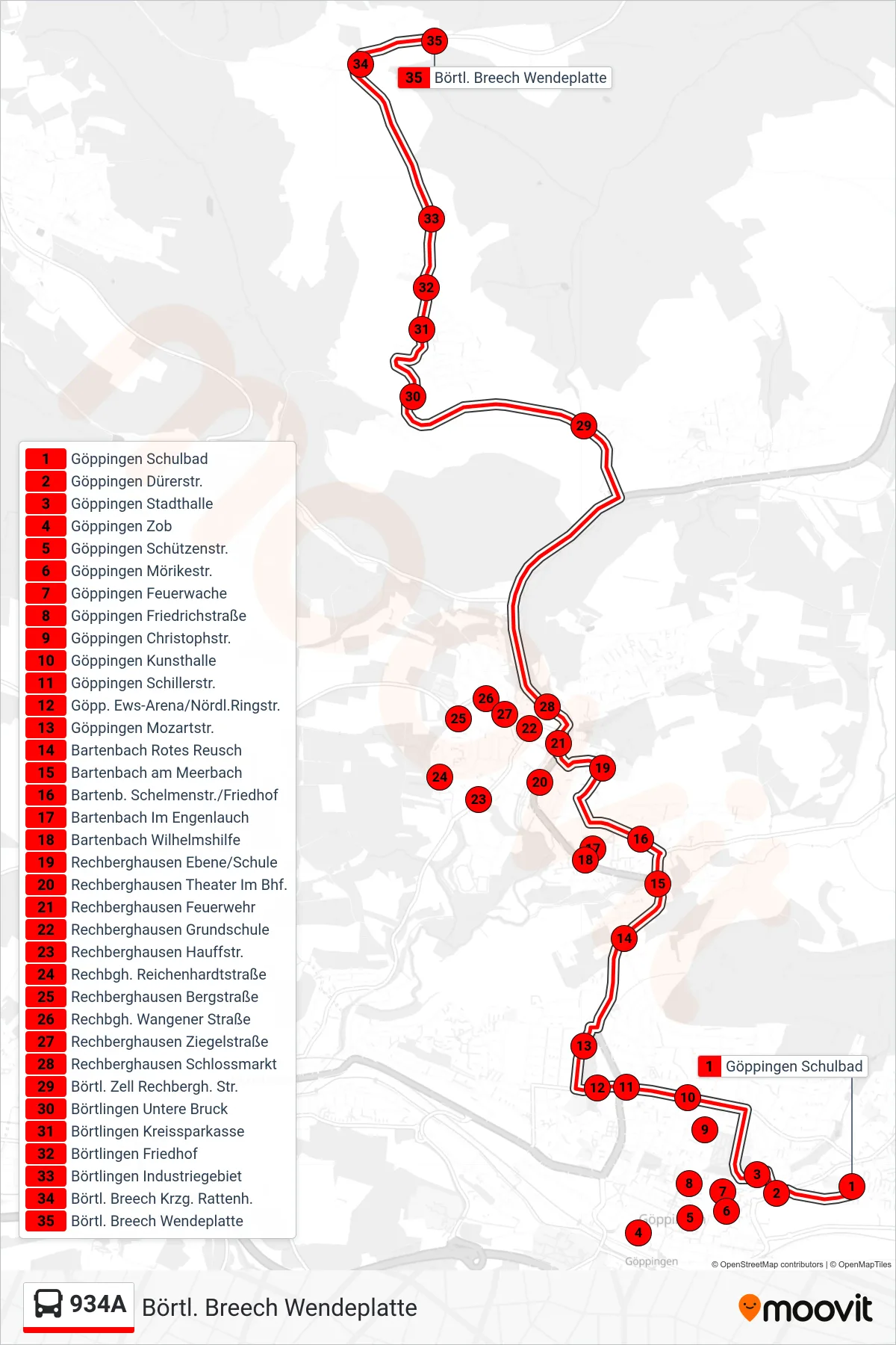 934A bus Line (Börtl. Breech Wendeplatte) route and stops on a map