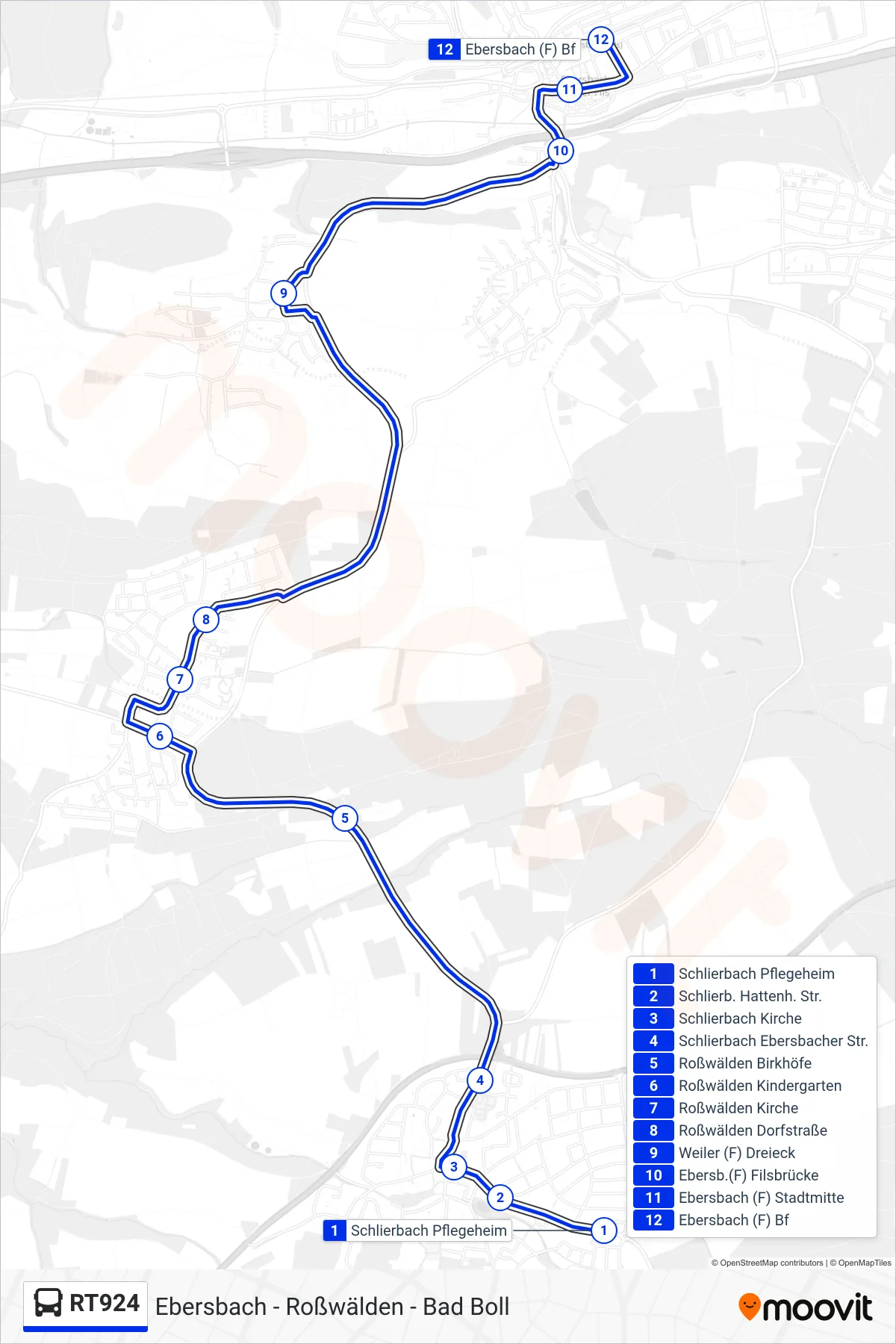 RT924 bus Line (Ebersbach (F)) route and stops on a map
