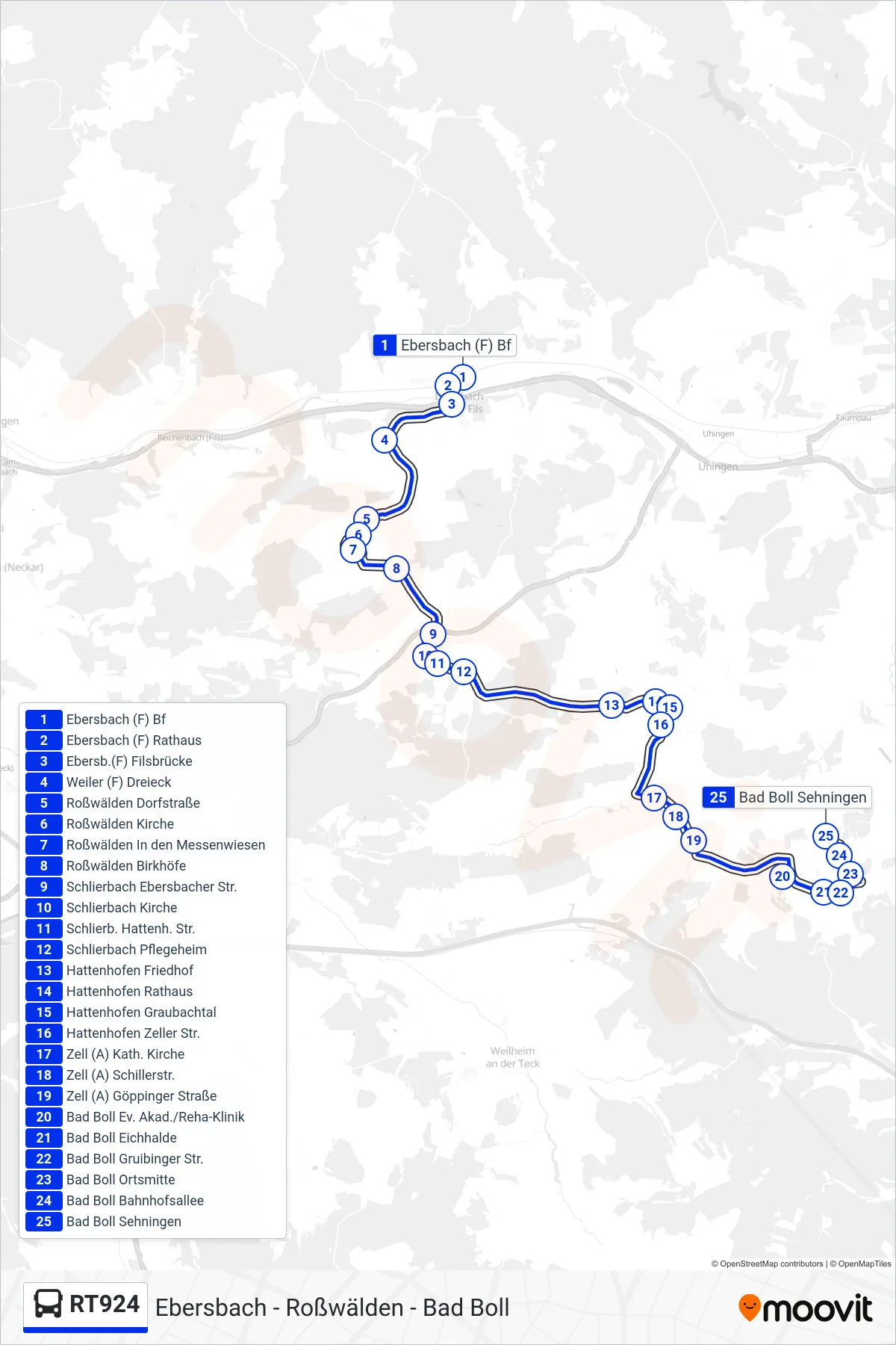 RT924 bus Line (Bad Boll Sehningen) route and stops on a map