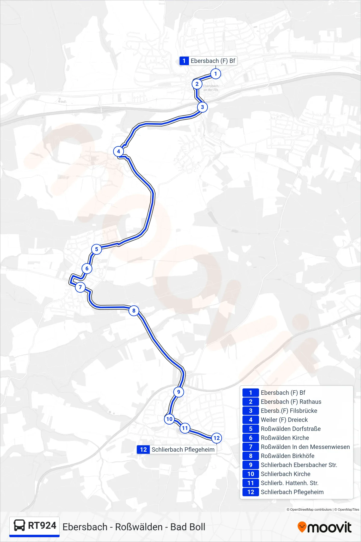 Linie RT924 (Bus) Richtung Schlierbach Pflegeheim: Route und Haltestellen auf der Karte