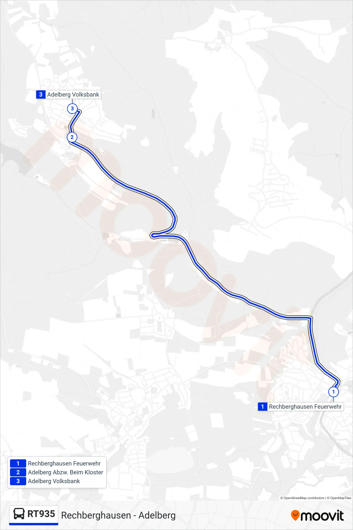 Linie RT935 (Bus) Richtung Adelberg Volksbank: Route und Haltestellen auf der Karte