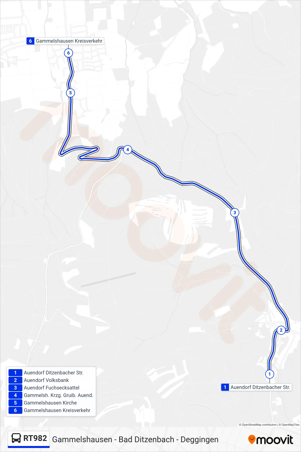 RT982 bus Line (Gammelshausen Kreisverkehr) route and stops on a map