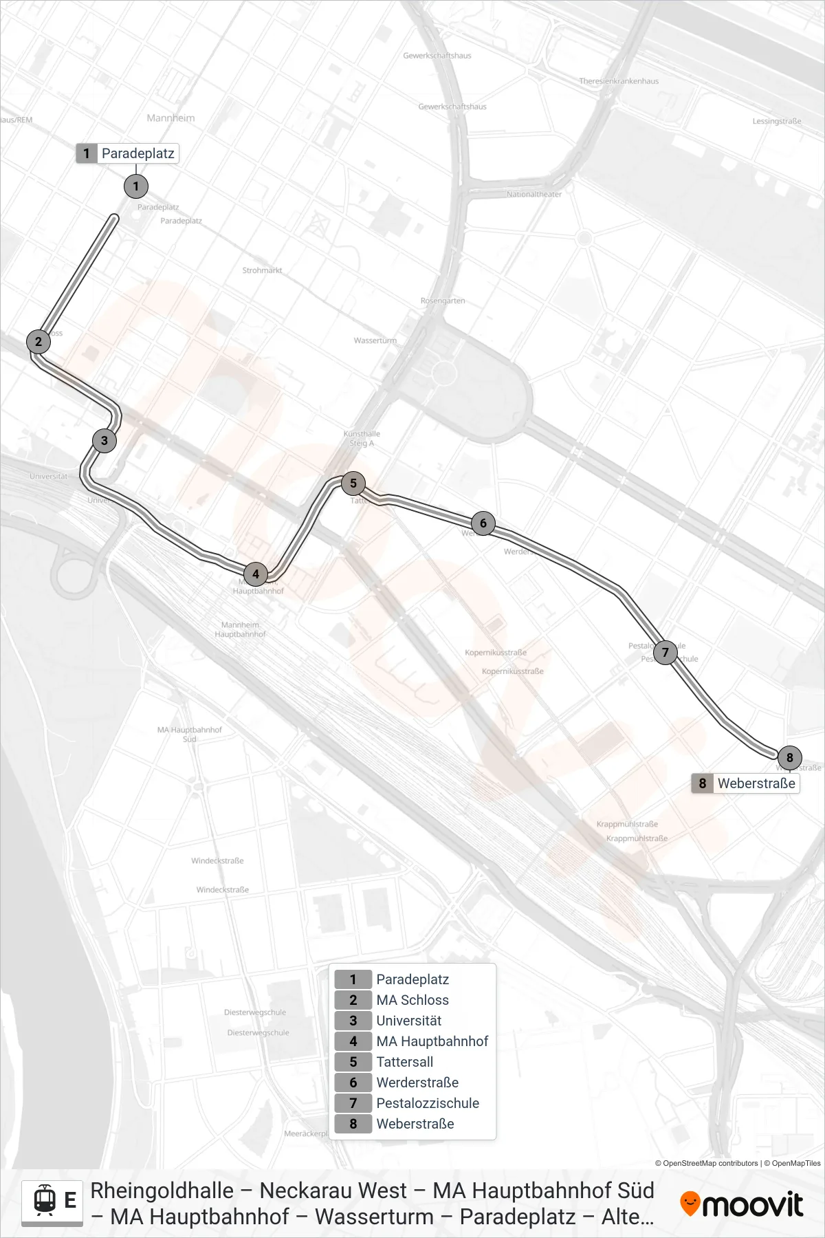 Linie E (Straßenbahn) Richtung Weberstraße: Route und Haltestellen auf der Karte