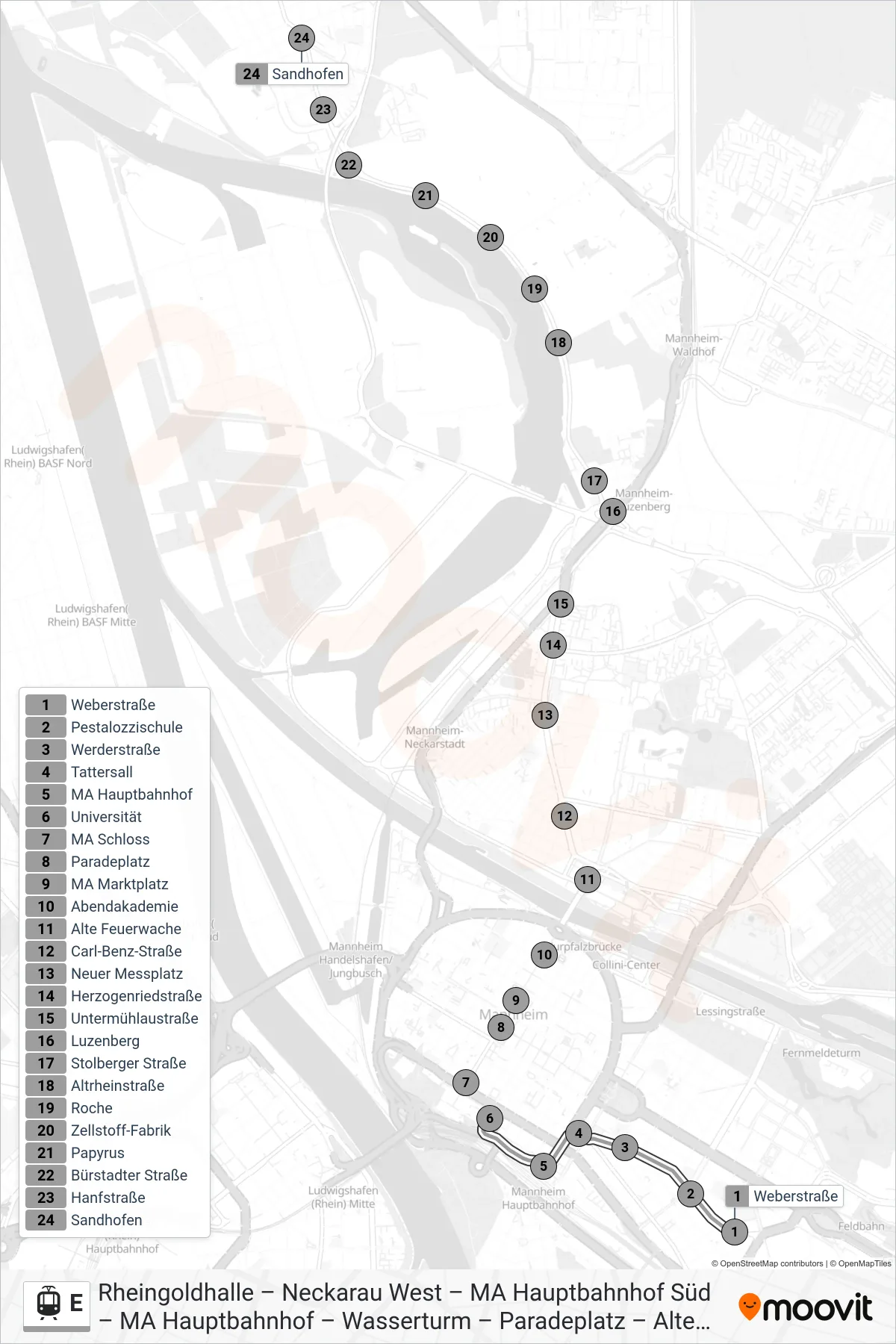 Linie E (Straßenbahn) Richtung Sandhofen: Route und Haltestellen auf der Karte